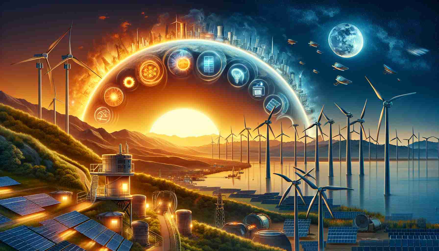 Detailed depiction of the energy transition process in Macedonia. Show contemporary technology solutions, such as solar panels and wind turbines, gradually replacing older, less efficient forms of energy production. Include on the horizon a setting sun symbolizing the fading era of fossil fuels, with a bright new dawn of renewable energy in the foreground. Please make the scene realistic and of high definition quality.