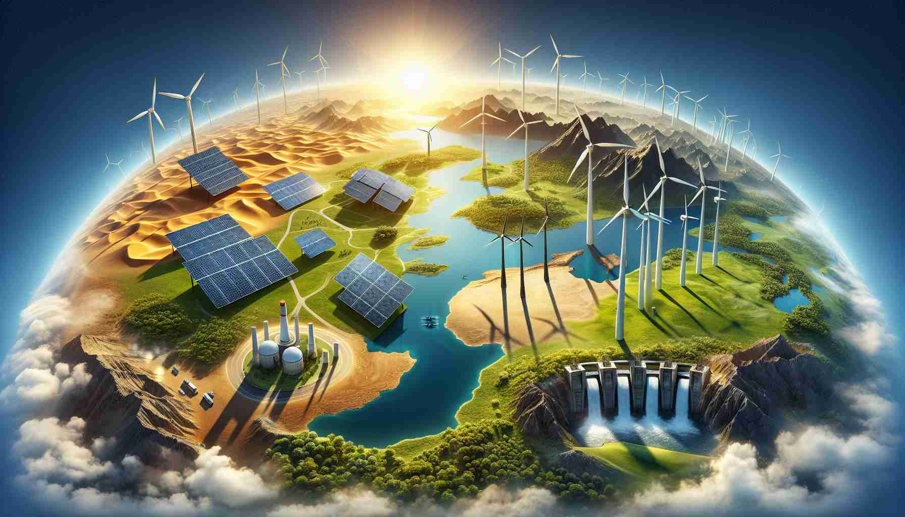 A realistic high definition image showcasing various sustainable energy projects around the globe. Include solar panels in the sunny dunes of a Middle-Eastern desert, wind turbines standing tall amidst the green rolling hills of an Asian landscape, hydroelectric dams hemming mammoth rivers on a Scandinavian terrains, and geothermal plants tucked away in the volcanic regions of a South American country. The perspective of the image should make it evident that these projects are spread across different continents, signifying the global pursuit of sustainable energy solutions.