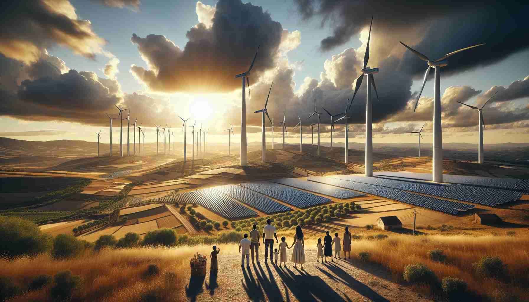 High-definition, realistic image depicting the shift towards renewable energy leadership in Spain. Illustrating a balance of traditional Spanish landscape with modern technologies such as wind turbines, solar panels dispersed across the countryside. Clouds scattered across the sky with the sun peeping through, casting long shadows over the land. The foreground might show a family, of various descent such as Hispanic, Caucasian, Black, South Asian, standing together, observing the transformation, bringing a human element to the scene.