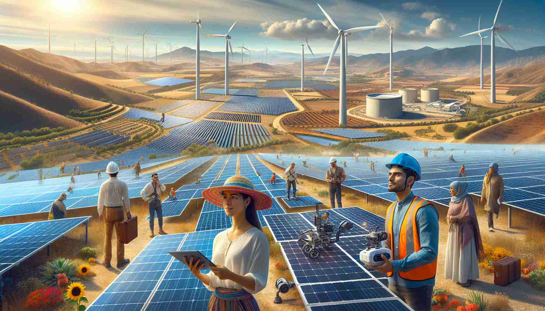 Realistic high-definition image illustrating the upsurge in solar energy usage in Spain: various solar panel fields under the bright, clear sky covering vast landscapes, depicting the change in the energy market. Certain areas feature wind turbines, while traditional power plants are seen distantly, setting the contrast. Some local individuals, including a Hispanic female engineer with a hard hat, checking solar panels on the foreground, a Middle-Eastern man operating a drone overseeing the fields, and a South Asian woman interacting with locals discussing the benefits of renewable energy, brings an immersive human aspect to the image.