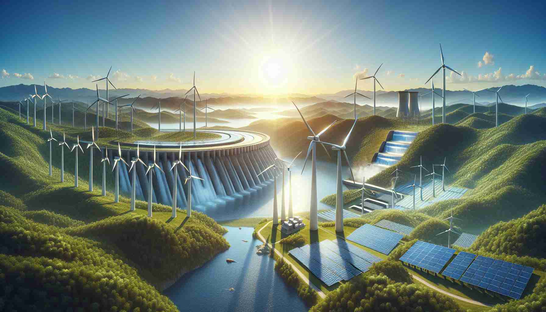 A high definition, realistic image showcasing a grand vision of renewable energy symbolized by an array of different types of clean energy sources. This could include wind turbines standing tall in a breezy field, solar panels stretching towards the horizon, hydroelectric dams harnessing the power of flowing water, and geothermal plants nestled amidst a rugged scenery. Use lush greenery and clear blue skies as a backdrop, to emphasize the eco-friendly aspect of the image.