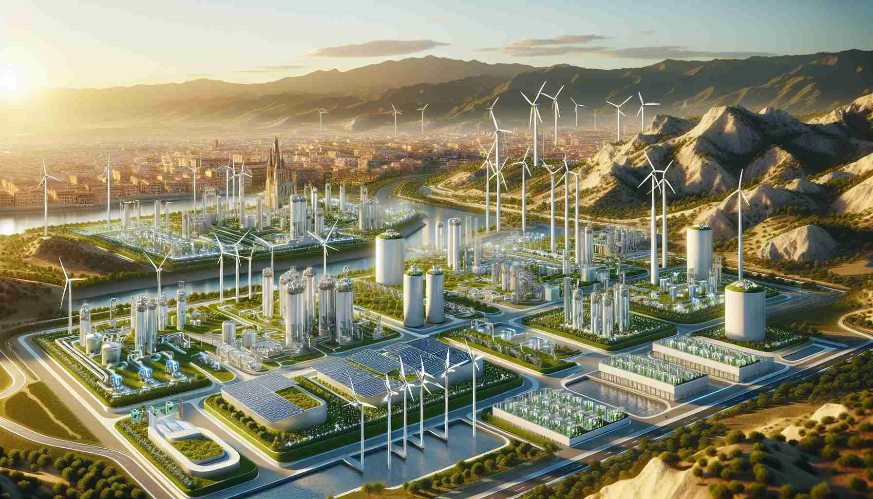 Render a high-definition, realistic image of a futuristic green hydrogen infrastructure in Spain. Showcase a land filled with innovative technologies for producing and storing green hydrogen. There should be solar panels and wind turbines powering a series of cutting-edge facilities, against the backdrop of beautiful Spanish architecture and landscapes. Highlight greenery and sustainable elements to underscore the eco-friendly aspect.