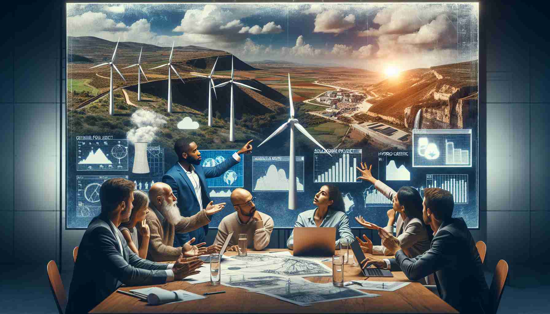 Generate a realistic, high-definition image illustrating a debate over new energy projects in the region of Aragon. The image could feature a group of diverse individuals: a Black woman pointing at a blueprint of a wind power project, a Hispanic man explaining a solar power project model, a Middle-Eastern woman showing laptop screen that reflects a hydroelectric power project, and a Caucasian man arguing with data charts of a nuclear power project. Important point: all the participants are engaged, sharing their perspectives, and expressing their concerns, making the atmosphere tense yet respectful. However, the Aragon landscape, with its unique geography and architecture, should serve as the backdrop, reminding everyone about the land they are discussing.