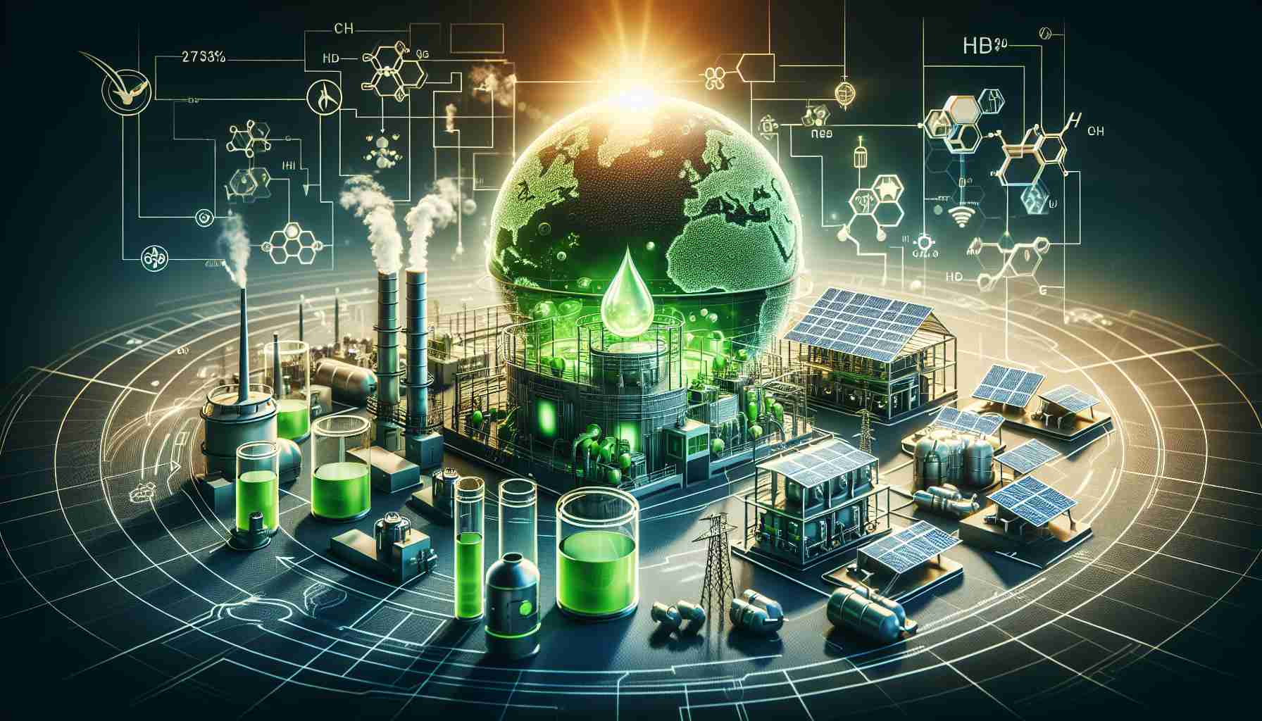 Create a high-definition, realistic image that visualizes the concept of a green hydrogen breakthrough as a revolution in energy. The focal point should be a futuristic yet tangible concept of hydrogen energy, infused with colors traditionally affiliated with eco-friendliness. Depict imagery relating to new technological advances in capturing, storing, and utilizing green hydrogen. This could include conceptual diagrams of green hydrogen production from solar or wind energy, innovative fuel cell designs, and smart grid systems. Do not use text and focus on adhering to a real-world feasibility.