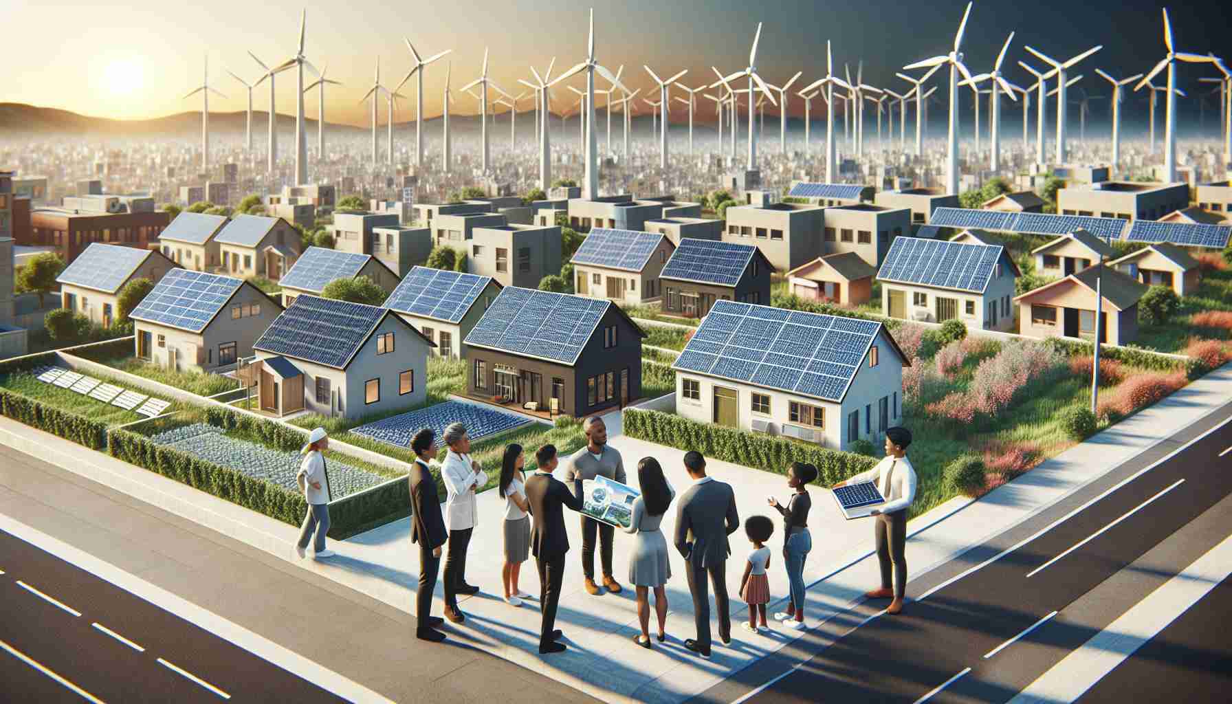 A high-definition realistic representation of empowered communities via accessible clean energy. Portray an urban landscape in the afternoon. Include solar panels mounted on diverse buildings, wind turbines circulating in the distance. Show a group of individuals of different descents such as Caucasian, Hispanic, and South Asian discussing the benefits of clean energy in the foreground. A multi-ethnic male is pointing at the solar panel, an East Asian female engineer explaining wind turbines, and a Black child demonstrating a model of a sustainable house.