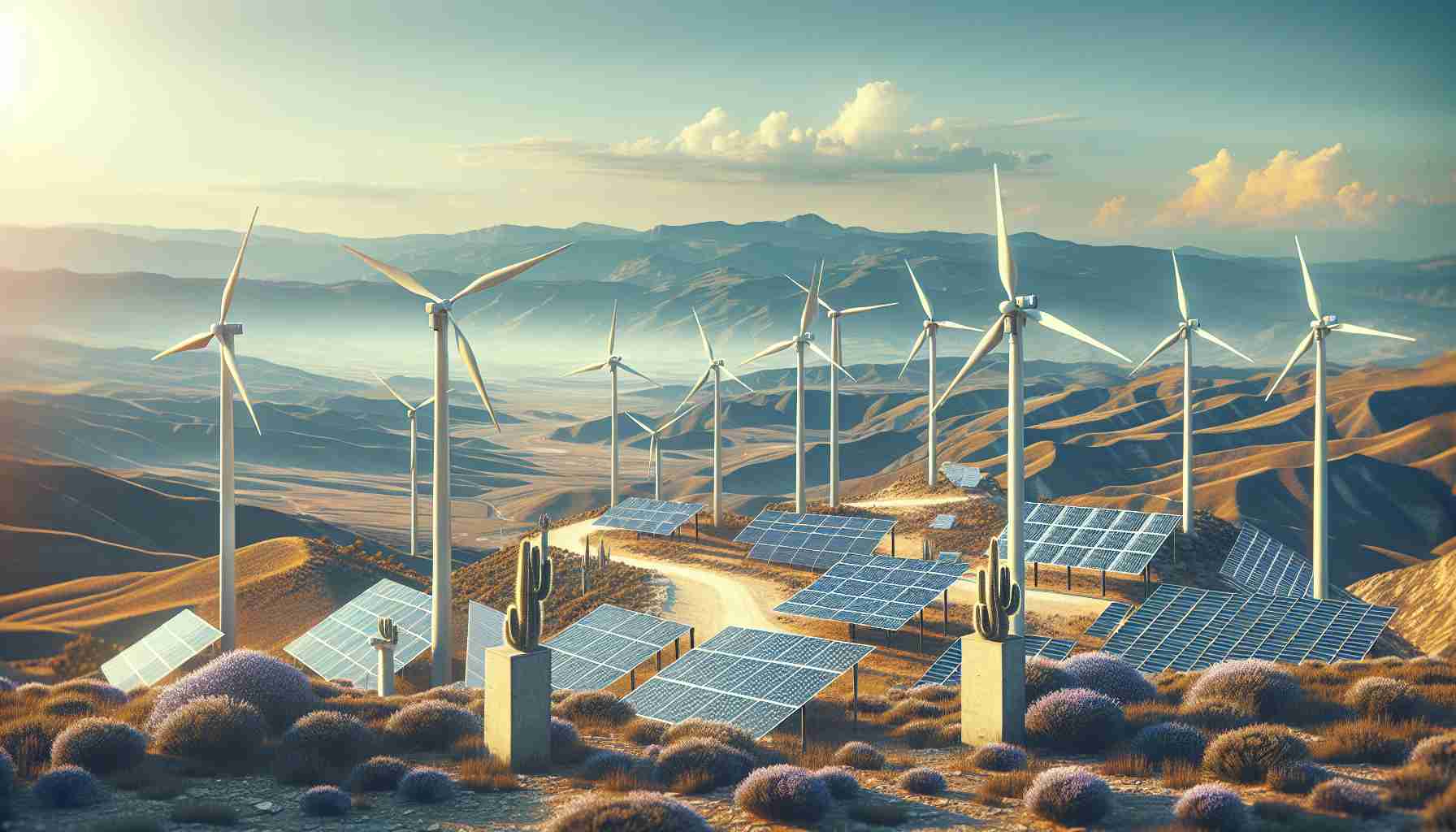 Generate a high-definition, realistic image illustrating the concept of new energy policy directions in Aragón. This could involve symbolism such as solar panels and wind turbines placed amidst its beautiful landscapes, reflecting sustainable energy practices. The scene could be set during the day with clear blue skies, emphasising the need and importance of clean energy.