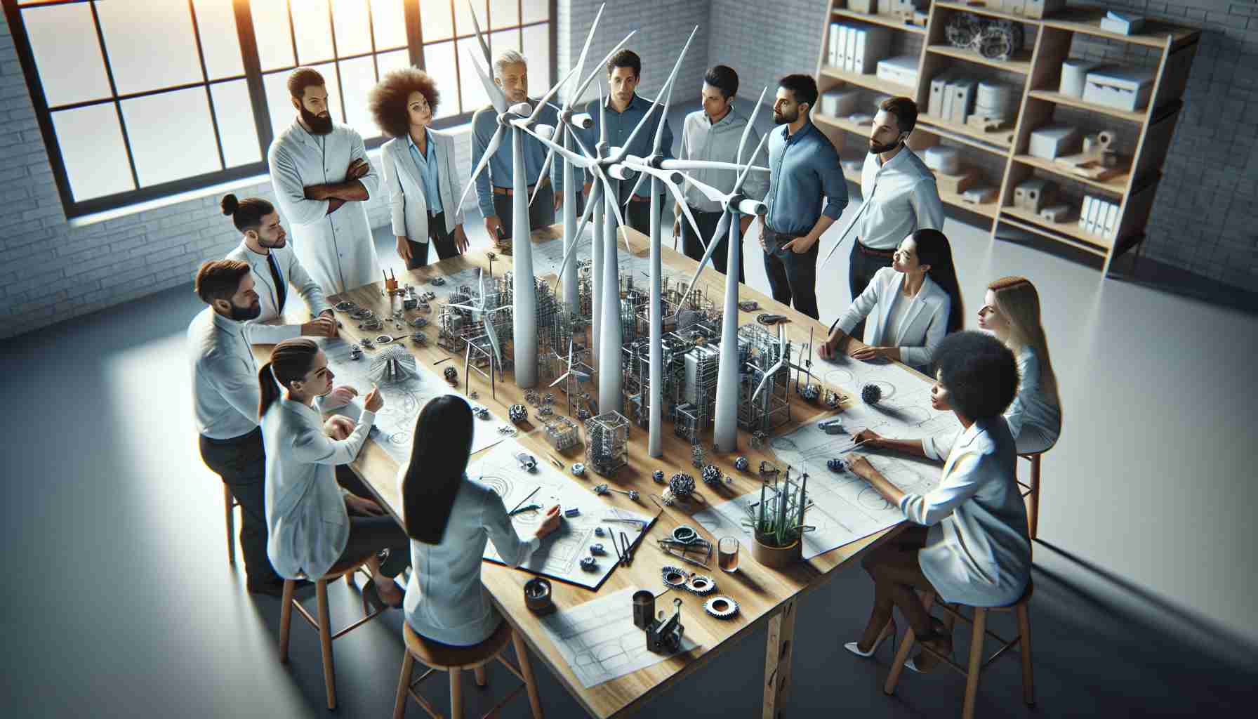 A realistic, high-definition image that visually represents the exploration of future collaborations in wind energy innovations. The image could feature a diverse group of scientists of mixed genders and various descents such as Hispanic, Caucasian, Black, Middle-Eastern, and South Asian, working together around a table filled with wind turbine models, blueprints, and innovative gadget prototypes. There is a dynamic energy in the room, symbolising forward-thinking, cooperation, and the collective mission of renewable energy advancement.