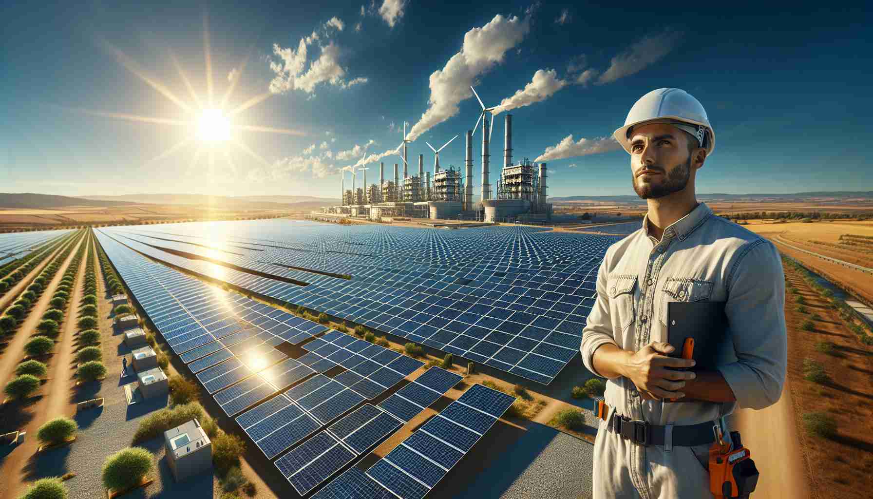 High-definition depiction of an advanced solar energy farm in Spain featuring multiple rows of sleek, cutting-edge solar panels that glisten under the bright, sunlit blue sky. On the horizon, modern infrastructure buildings indicative of a thriving renewable energy sector punctuate the idyllic Spanish landscape. A few engineers, a Middle-Eastern woman and a Hispanic man, can be seen working, showcasing the ongoing developments in solar energy.