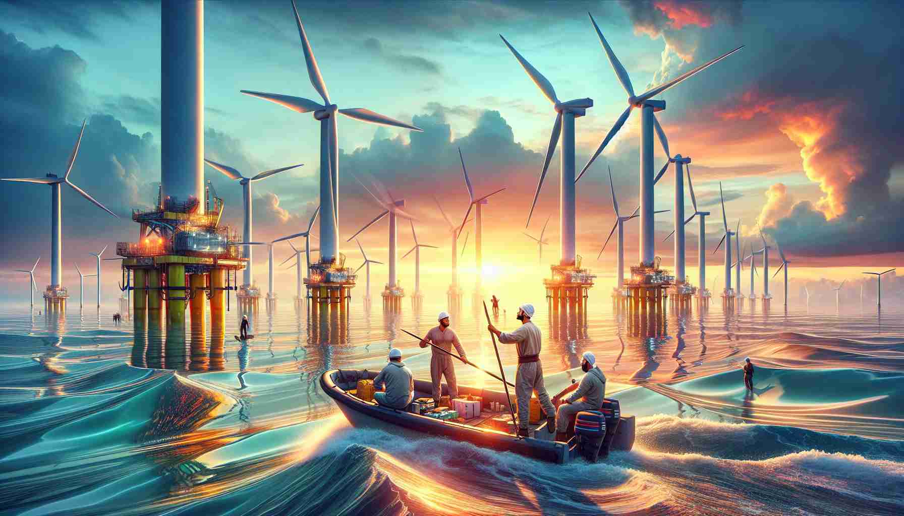 An extremely detailed and realistic HD picture portraying revolutionary advancements in marine wind energy production. It features powerful offshore wind turbines rising from the shimmering sea, harnessing the unceasing winds. A team of engineers, comprising Middle-Eastern men and Hispanic women, are busy conducting maintenance operations on a boat near the turbines. The sky displays a breathtaking sunset, symbolizing the dawn of renewable energy, and the ocean waves reflect the splendid colors of the sky.