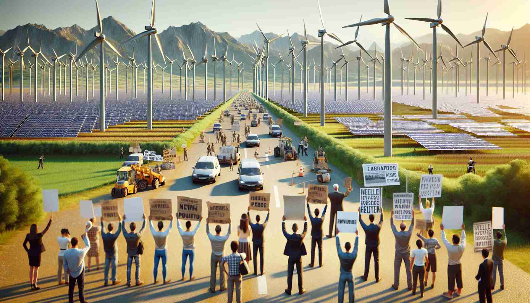 Create a hyper-realistic HD image capturing a scene where renewable energy projects, such as rows of tall wind turbines and vast solar panel fields, are sparking controversy. Visualize the location as Sardinia, with its distinctive landscapes, from its rugged mountains to its beautiful beaches. Include protestors carrying placards, showing diverse opinions towards the projects. Men and women of Caucasian, Middle-Eastern, and Hispanic descent should be among the protestors. Newspaper headlines and flyers about the controversy can also be scattered around for additional context.