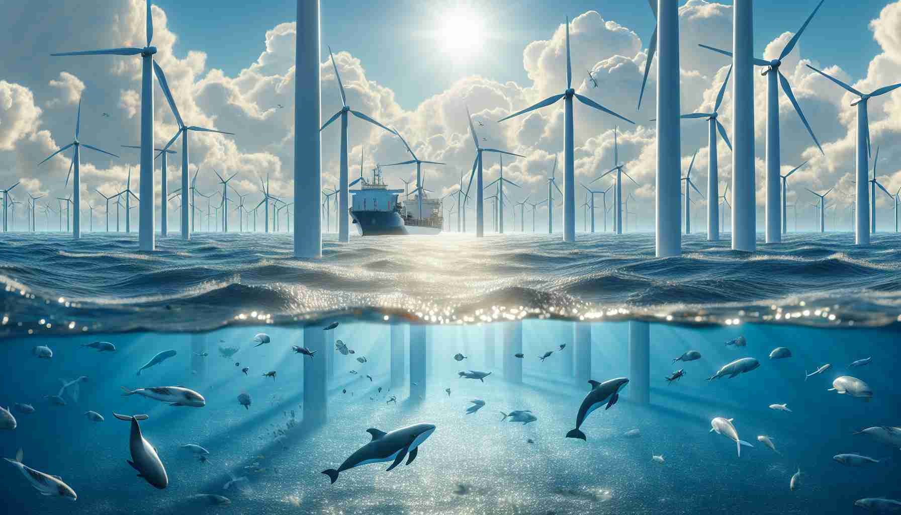 A high-definition, realistic image that portrays the importance of sustainable wind energy development in the marine environment. The image could visualize large off-shore wind turbine farms, set against a bright blue sky with puffy white clouds. The ocean water could be sparkling with reflections of sunlight, with a ship harnessing the wind to power its operations. Various marine life such as whales, dolphins, and a diversity of fish could be seen thriving underneath the waves, indicating a harmonious relationship between renewable energy and marine ecology.