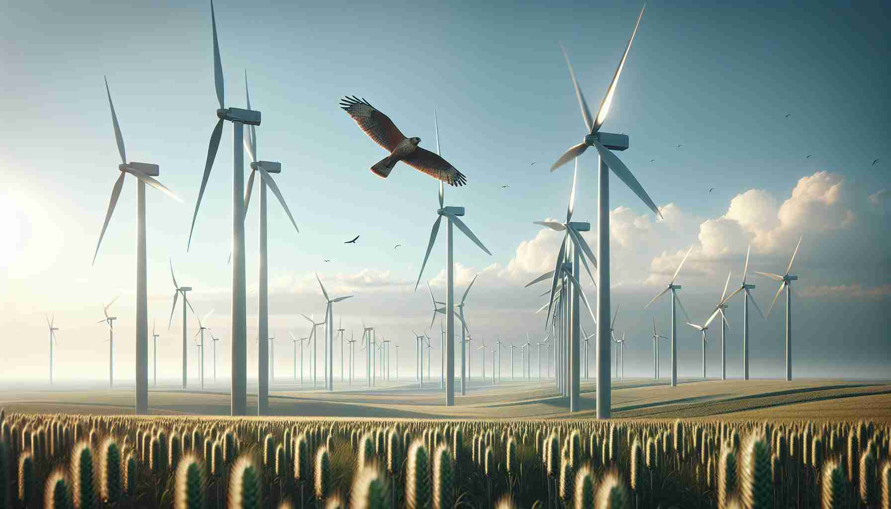 High-definition, realistic depiction of a daytime landscape in the UK, dominated by fields of modern, towering wind turbines. Their blades are spinning in a gentle breeze, generating clean energy. The sky above is clear with a few scattered, fluffy clouds. A soaring bird, possibly a falcon or hawk native to the UK, is seen in the sky, symbolizing the rising wind energy development in the country.