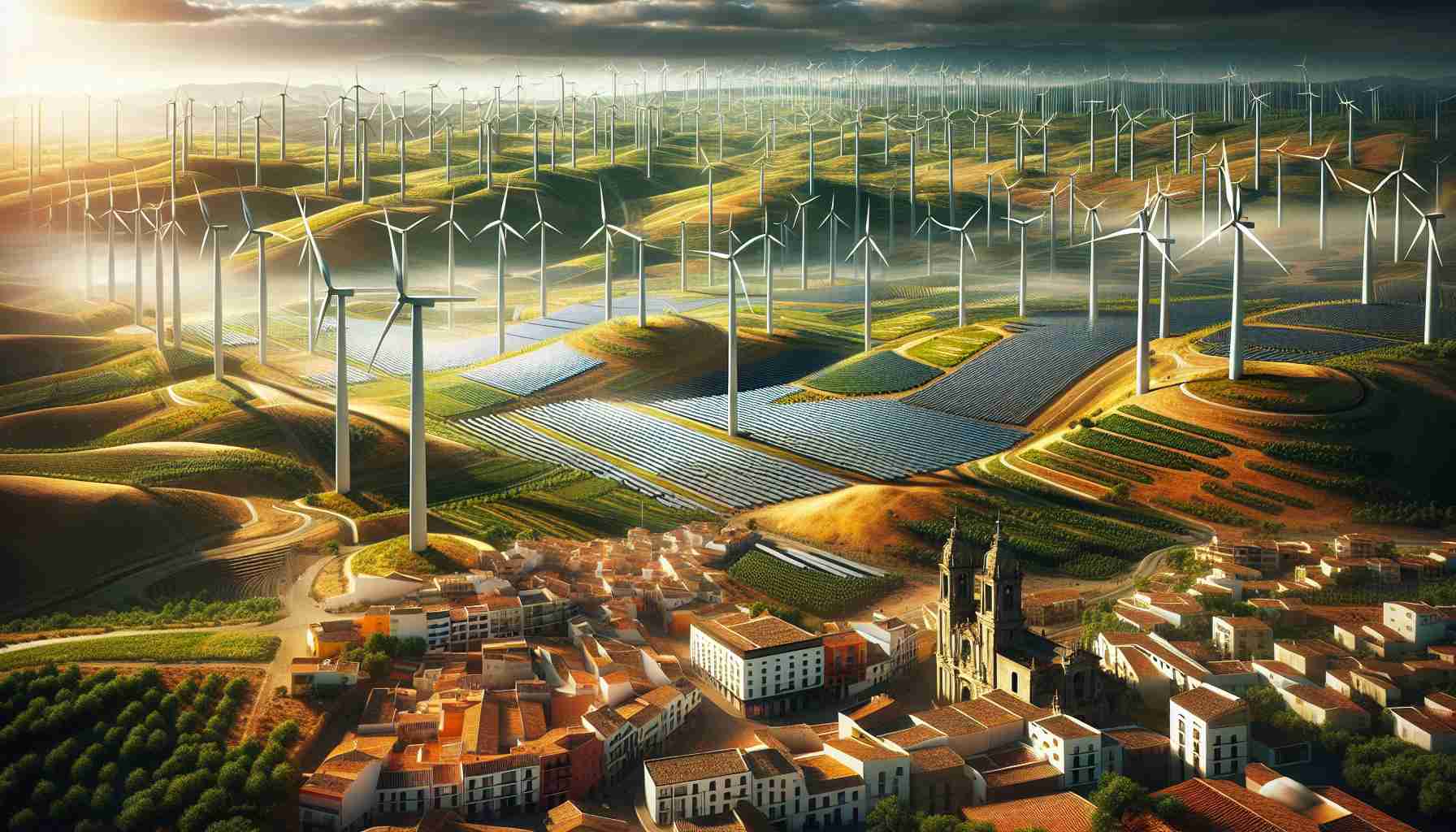 A hyper-realistic, high-definition image displaying a transformed energy landscape in Spain. The scene shows numerous towering wind turbines dotting the rolling countryside, their blades spinning in the breeze. A field of gleaming solar panels stretch towards the horizon, reflecting the warm Spanish sunlight. A vibrant cityscape rests in the background, its urban structures intermingled with green rooftops and small-scale renewable energy installations. The graphic contrast between the traditional architecture and advanced green technology paints an inspiring picture of Spain's surge in renewable energy production.