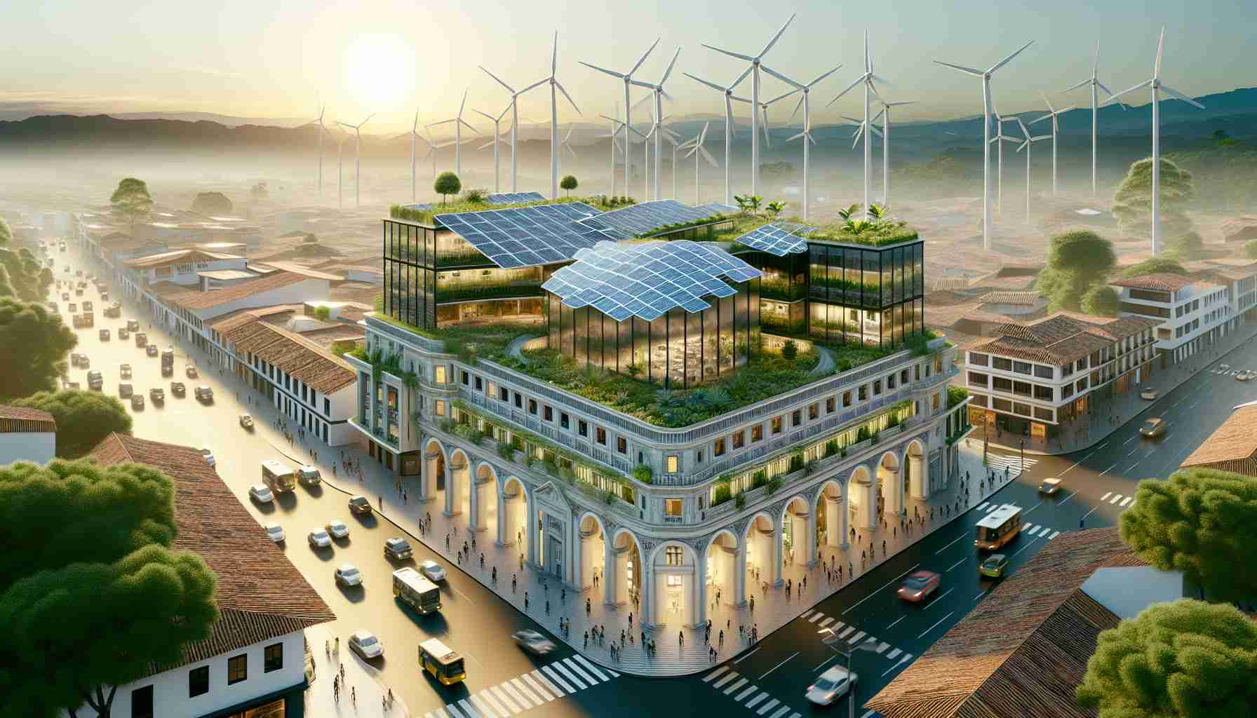 Please generate a high-definition, realistic image of San Cristóbal's Cachalote Building undergoing a transformation into an icon of sustainable architecture. Show elements such as solar panels, green roofing, wind turbines, and other environmentally friendly architectural details.