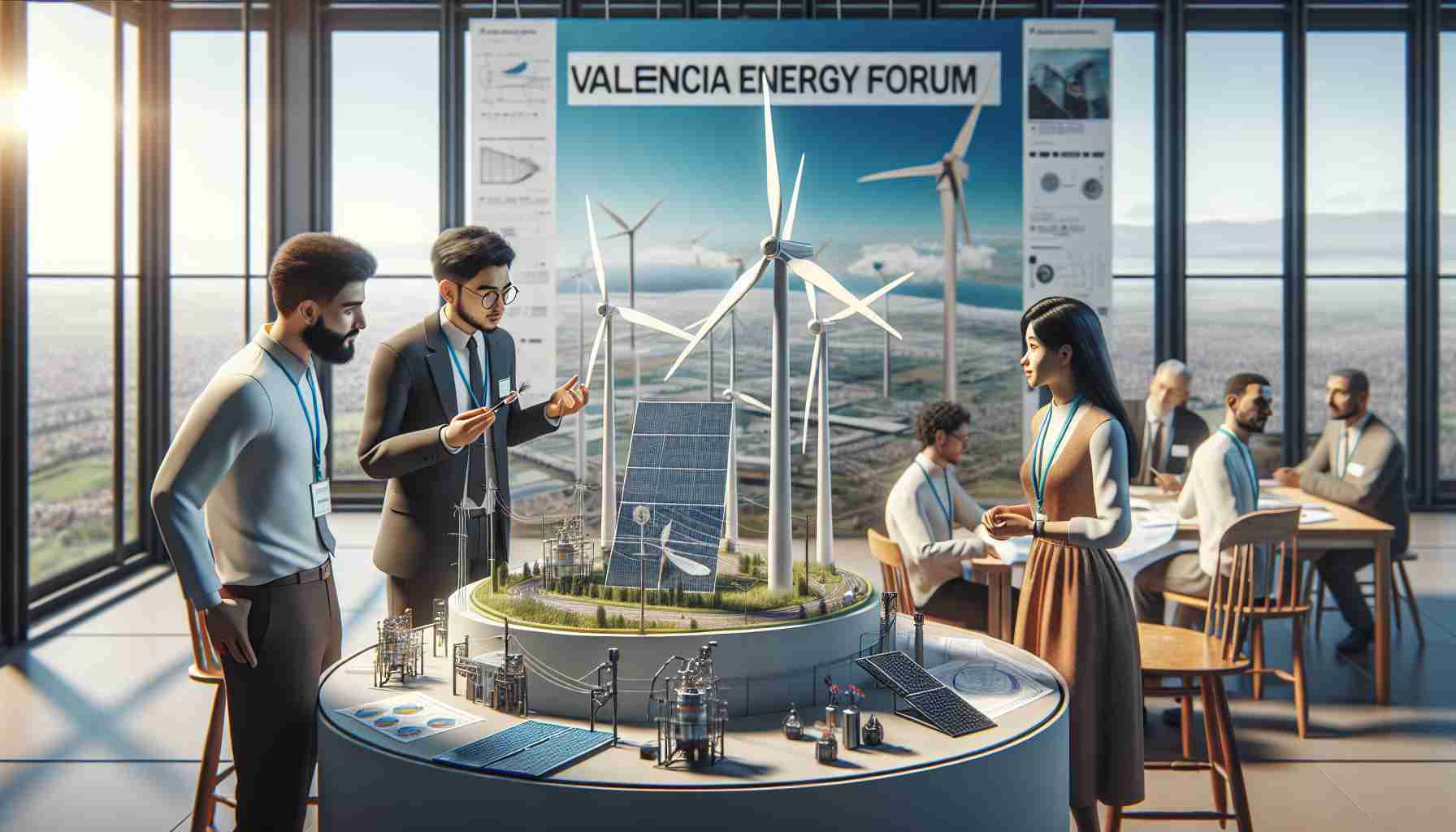 Realistic high-resolution image showcasing a scenario where people are discussing and exploring sustainable innovations in energy sector. Picture this at an event titled 'Valencia Energy Forum'. Participants include an Asian male physicist presenting a model of a wind turbine, a Caucasian female environmental scientist keenly studying a solar panel demonstration, and a Middle-Eastern male engineer discussing some energy-efficient blueprints. The backdrop features a banner with 'Valencia Energy Forum' written on it.