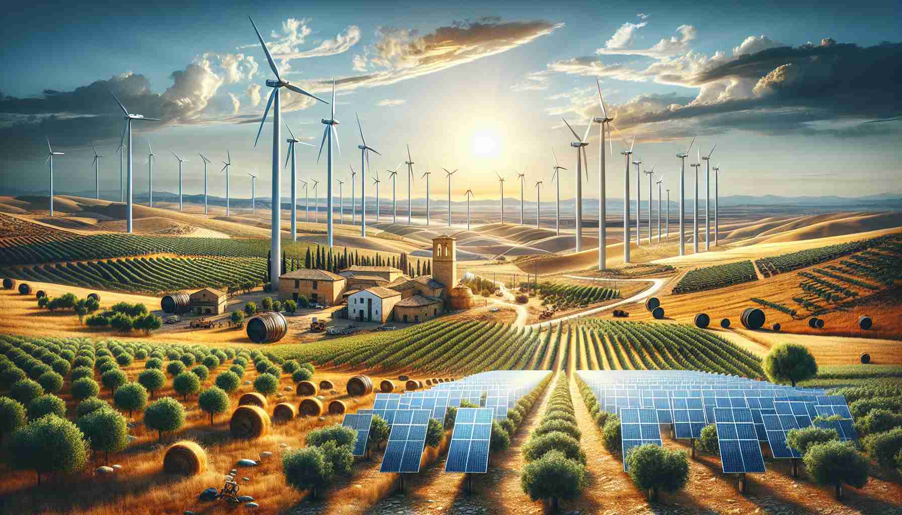 Generate a realistic high resolution image representing the revolution of energy development in the Castilla-La Mancha region of Spain. Show a juxtaposition of traditional and modern energy sources, evoking the transition to sustainability. Include wind turbines dotting the vast plains with a backdrop of endless blue skies and sparse clouds. Place traditional vineyards and olive groves nearby, exhibiting the historical agrarian lifestyle of the region. Additionally, incorporate solar panels reflecting brilliant sunlight in a corner, marking the symbol of modern, renewable energy.