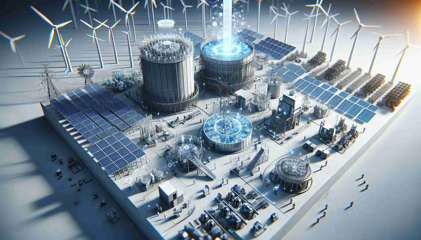 Render a detailed, ultra-high-definition realistic representation of the concept of advancements in sustainable energy practices set to revolutionize the industry. This can include imagery such as a variety of innovative solar panels, wind turbines, and hydroelectric power stations, with a emphasis on the high-tech nature of these devices. The image should also convey a sense of progress and forward-thinking, perhaps through the inclusion of researchers and engineers of different genders and descents working on these technologies.