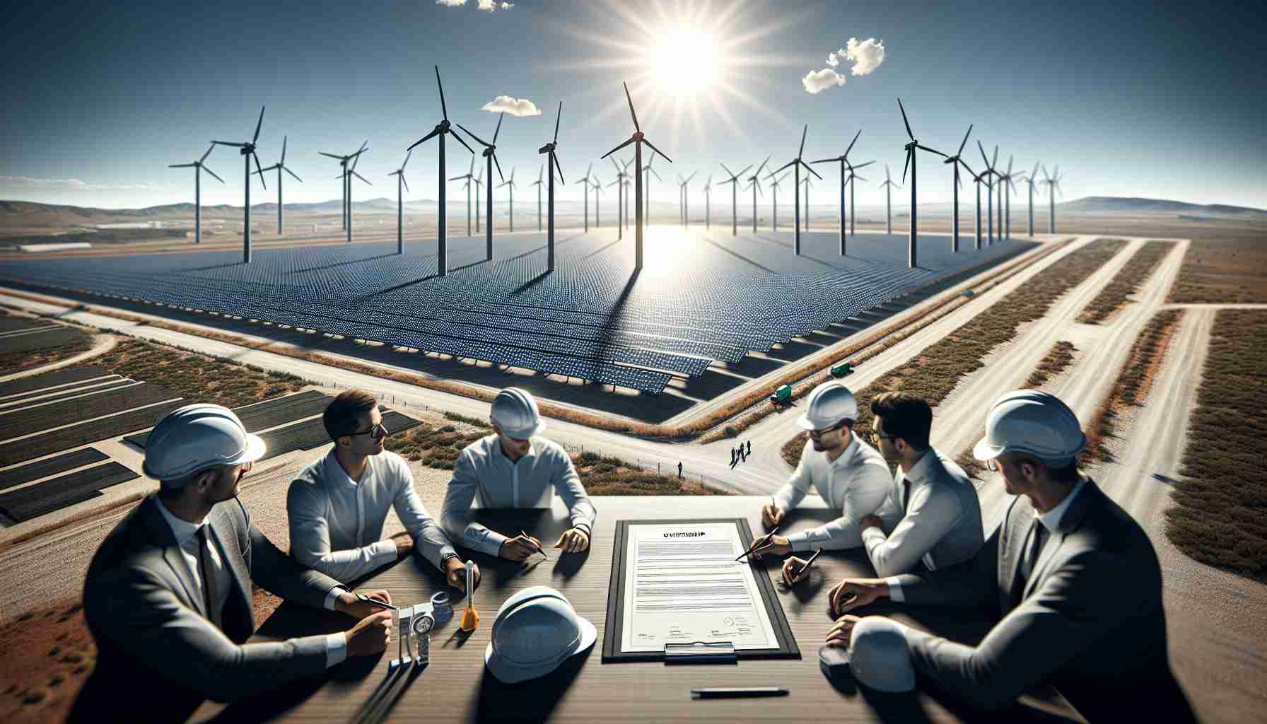 A high-definition, realistic image of a moment symbolizing the new ownership for Renewable Energy Plants in Spain. This should reflect a sense of change and progress. There could be several engineers of varying descents like Hispanic, Caucasian, and Black, all of different genders, overlooking a wide-spanning solar farm under the bright Spanish sun. Include the paperwork signifying the transition on a table. The background should be dotted with wind turbines turning gently against the clear blue sky.