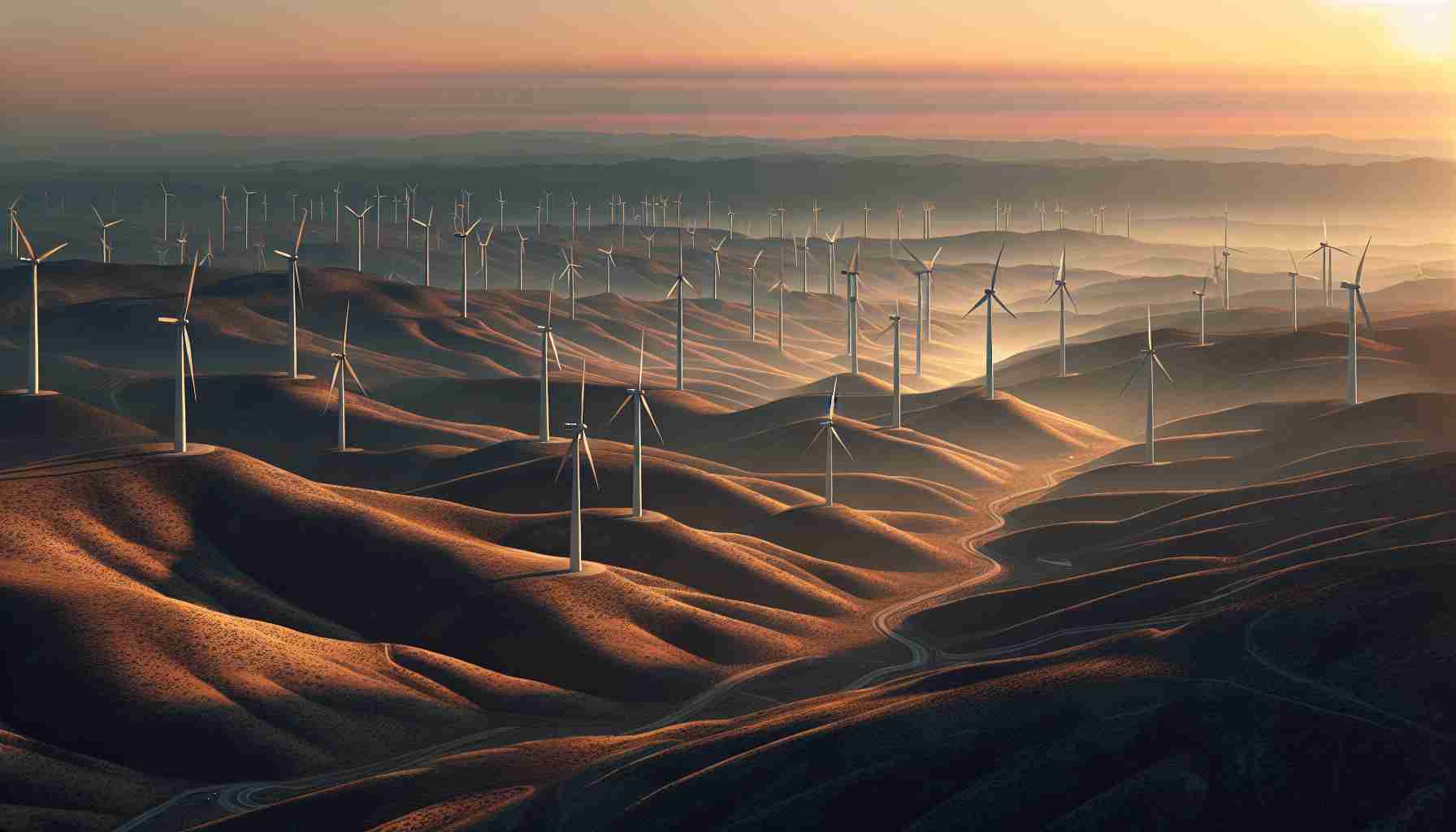 Generate a realistic high-definition photo of a state-of-the-art renewable energy project: a vast wind farm located in Maestrazgo. Depict various large-scale wind turbines scattered across an undulating landscape. It's early morning, and the rising sun is casting long, deep shadows across the terrain, highlighting the stark contrast between the natural scenery and the man-made infrastructure. The sky is clear, with shades of orange and pink dancing in the horizon.