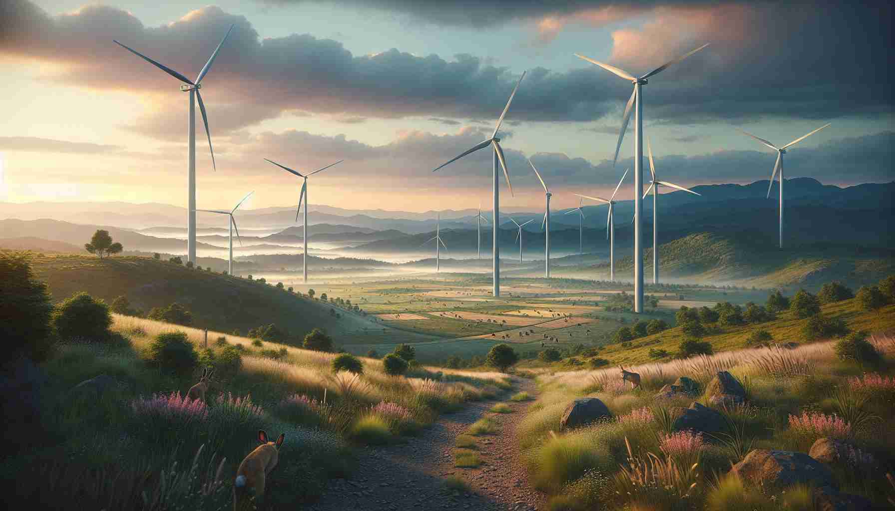 Create a realistic, high-definition image of a brand new wind farm project situated in the northern region of Spain. The image should capture a rolling landscape peppered with modern wind turbines gently whirring over a horizon tinted by the hues of an early dawn. Scenic accents including distant mountains, verdant grassland, and clusters of native plant life should be integrated, presenting a harmonious blend of sustainable technology and untouched nature. Optional additions may include a rustic gravel pathway cutting across the landscape, local wildlife such as rabbits or birds in flight and the morning dew glistening on the surrounding vegetation.