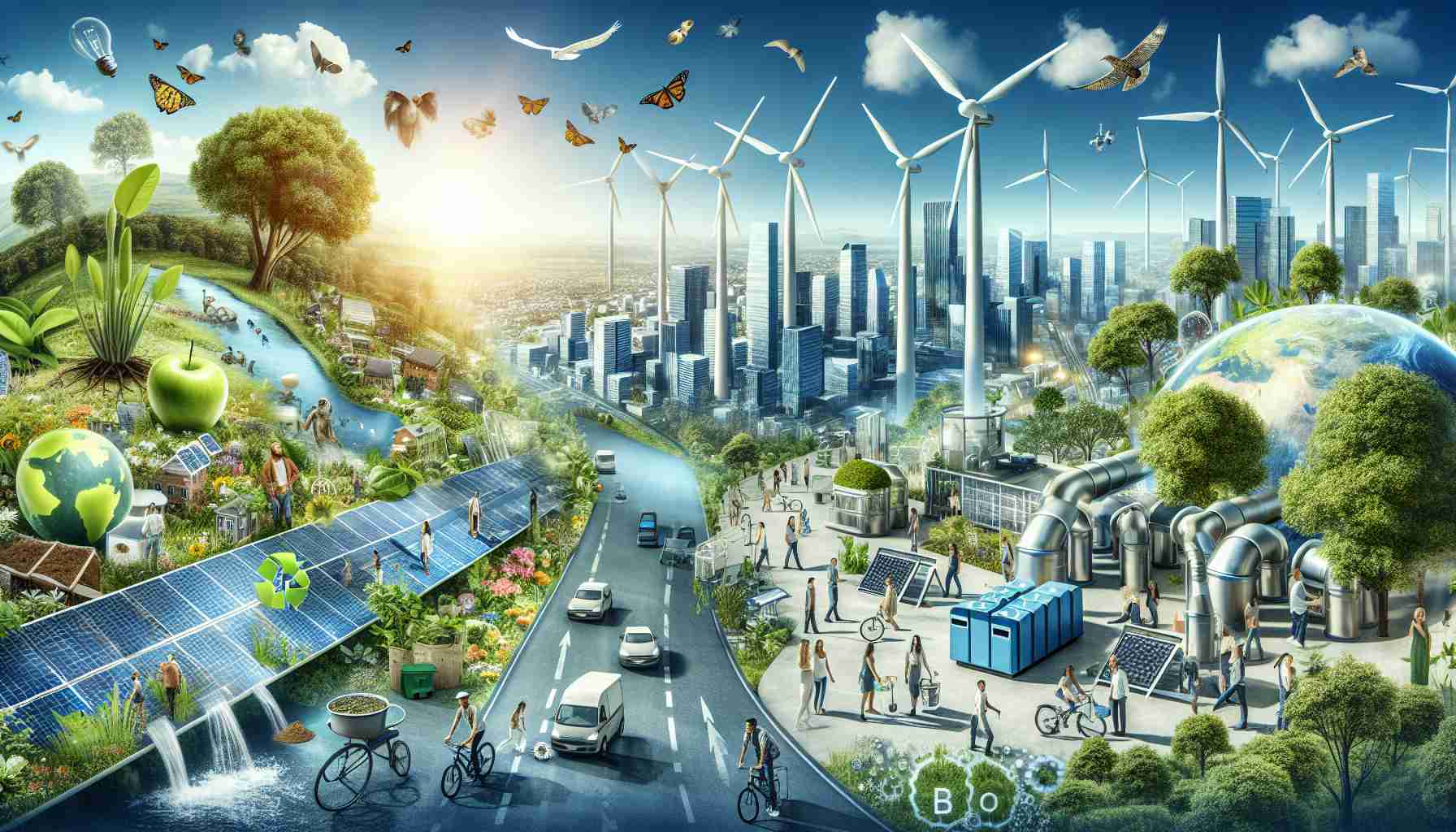 A high-definition, realistic image that symbolizes a sustainable future. Depict eco-friendly technologies such as solar panels and wind turbines, providing green power to a vibrant city. In the background, show nature thriving with diverse flora and fauna, representing a harmonious balance between urban development and the natural world. Demonstrate elements of a circular economy with recycling and composting facilities. Additionally, include people of different genders and descents, all involved in activities promoting sustainability, like planting trees or cycling instead of using cars.