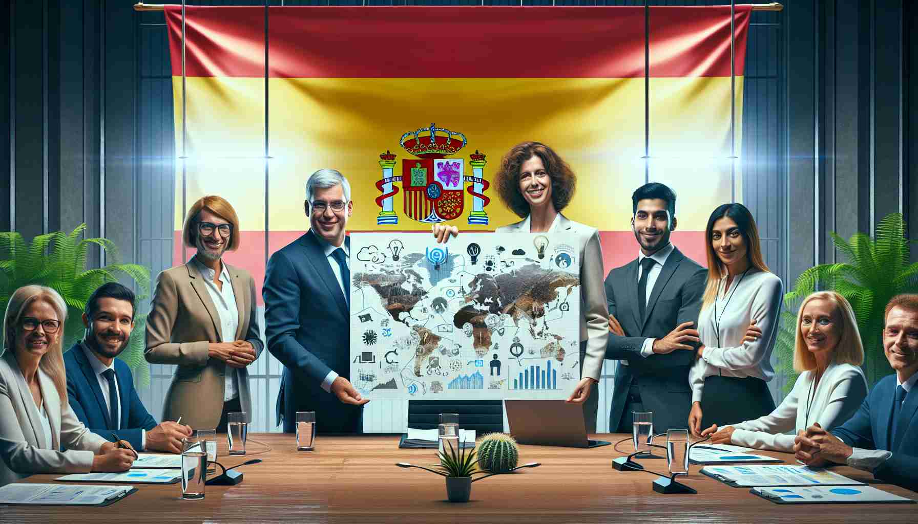 Realistic high-definition illustration of a new climate plan being unveiled by representatives from Spain. The image could feature a group of professionals, including a middle-aged Caucasian woman and a young South Asian man, holding up a blueprint with numerous innovative ideas for climate change adaptation and mitigation. The backdrop could be a conference room, with the flag of Spain prominently displayed.