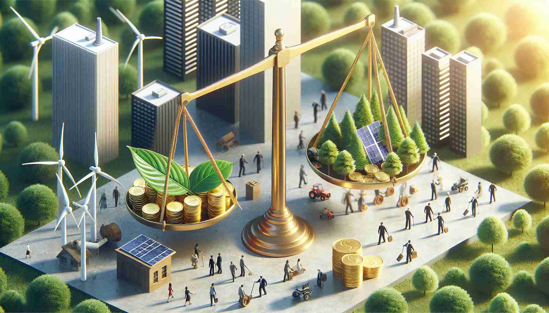 Create a highly detailed and realistic image that symbolizes a new era of sustainable investments. This might include a balance scale with green leaf on one side and golden coins on the other side, a skyscraper with solar panels and wind turbines integrated into its structure, or people from various descents planting trees. These all represent the concept of investing in renewable energy and eco-friendly infrastructure, indicating a shift towards more sustainable financial decisions.