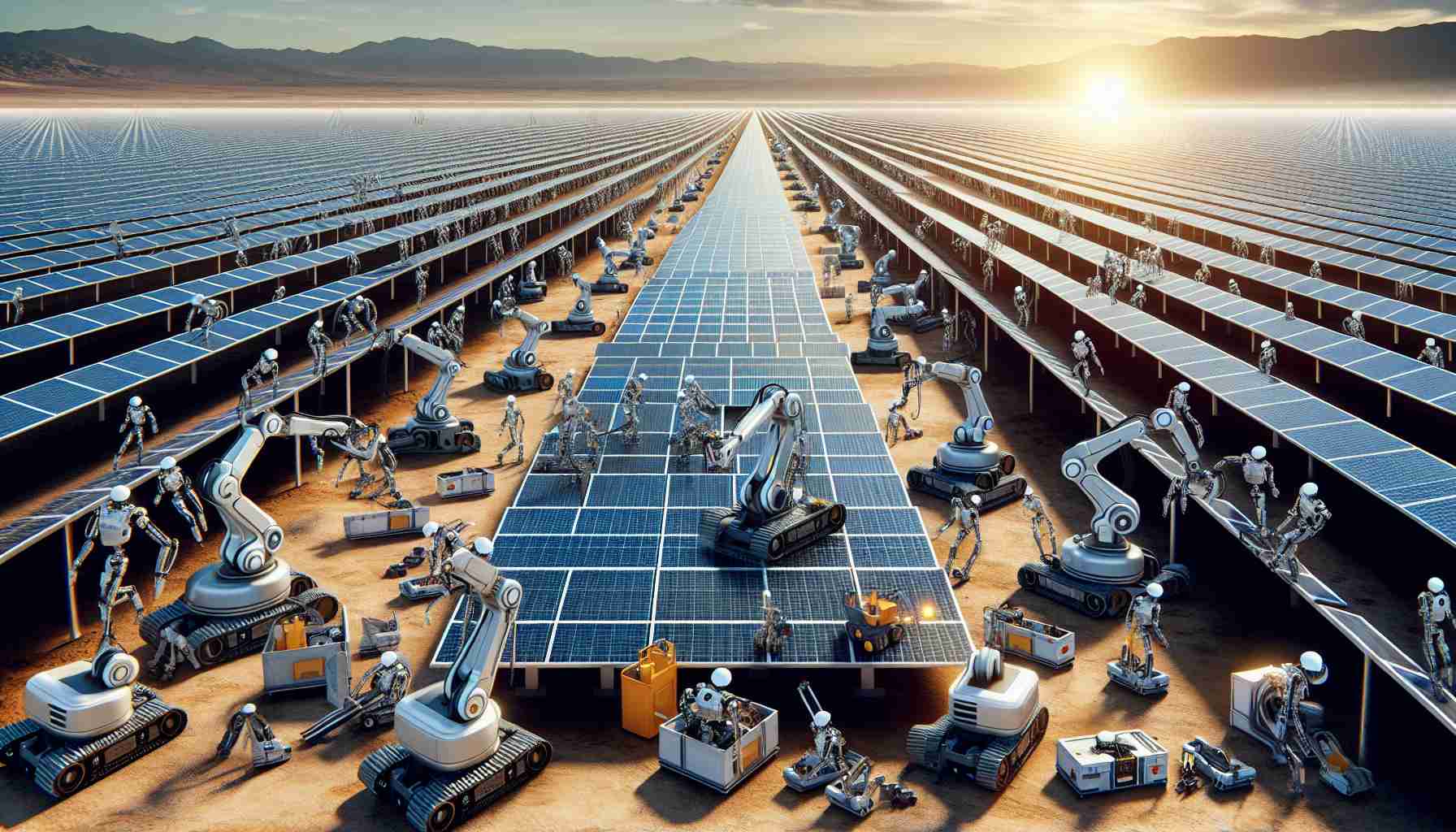 Visualize a high-definition picture that portrays a revolution in solar energy construction. The scene shows several state-of-the-art robots working diligently on an expansive solar farm under a clear, sunny sky. Some of the robots are designed to skillfully install solar panels, while others are seen performing maintenance tasks. The site is located in a remote, barren landscape. The robots are precise, efficient, and operate harmoniously under the watchful 'eye' of a central controlling unit. The image indicates novel advancements in renewable energy and technology, presenting a look into a not-too-distant, sustainable future.