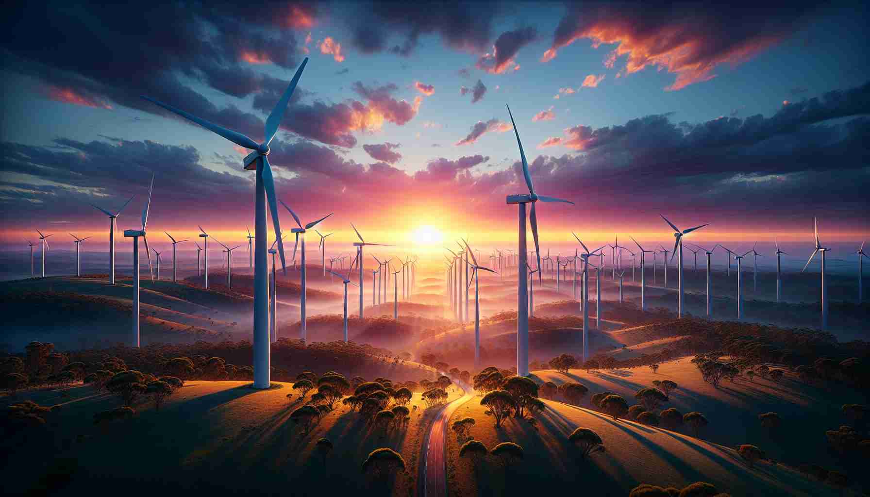 An incredibly detailed and realistic high-definition portrait of a new dawn in Wind Energy, depicting Australia's prowess as a Renewable Powerhouse. The image showcases a breathtaking sunrise, casting a warm glow on the colossal wind turbines arranged in perfect harmony with the vast Australian countryside. The clear blue sky gradually transforms into shades of radiant orange and ethereal pink. This invigorating landscape is framed by the verdant greenery and scattered eucalypt trees symbolic of Australia's rich flora. Notably, no people or animals are present in the scene, creating a serene and undisturbed atmosphere that encourages focus on the power of renewable energy.