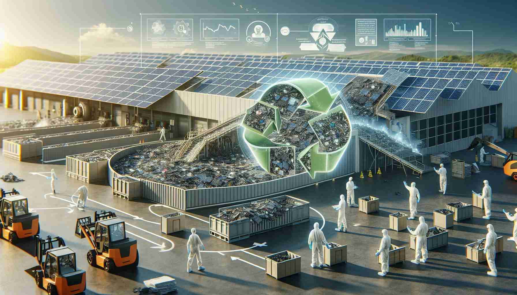 A high-definition, realistic image showcasing the revolutionary process of sustainable innovations in solar waste management. The scene features a state-of-the-art facility where discarded photovoltaic cells are being efficiently recycled. Employees in protective gear are seen directing the workflow, ensuring maximum reuse of materials. In the background, there are large solar panels powering the facility, illustrating a complete circle of sustainability. Besides, infographics dotted around the facility explain the recycling process, reinforcing the concept of a green revolution in waste management.