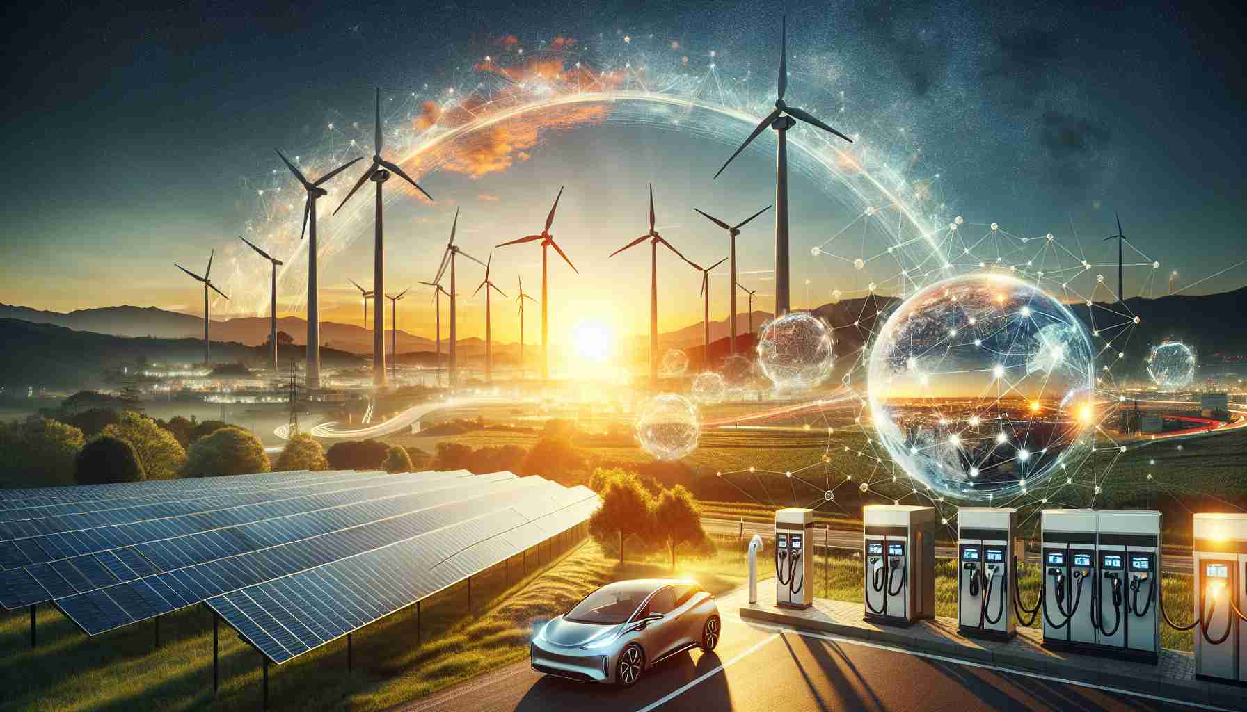 Create a realistic, high-definition image representing the rise of sustainable energy, signifying a new era of environment-friendly sources of power. Please showcase an array of elements such as solar panels basking in the sunrise, gleaming wind turbines in the countryside, connected grids showing the efficient distribution of power, EVs charging at stations symbolizing the transformation of traditional energy usage methods, and a city skyline in the background powered by clean energy.