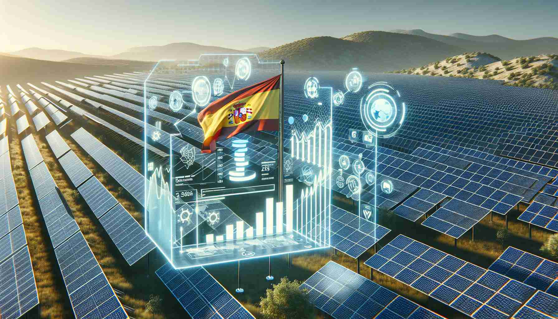 A realistic, high-definition depiction of a future vision for Spain in 2024, where the country sets a new record in solar energy generation. The image showcases a landscape filled with cutting-edge solar panels absorbing sunlight. The Spanish flag is fluttering proudly in the foreground, symbolizing the achievement. A digital billboard nearby displays the news 'Spain sets new Solar Energy Record'. Renewable energy statistics, represented through graphs and charts, float holographically above a futuristic device, signifying the new record.