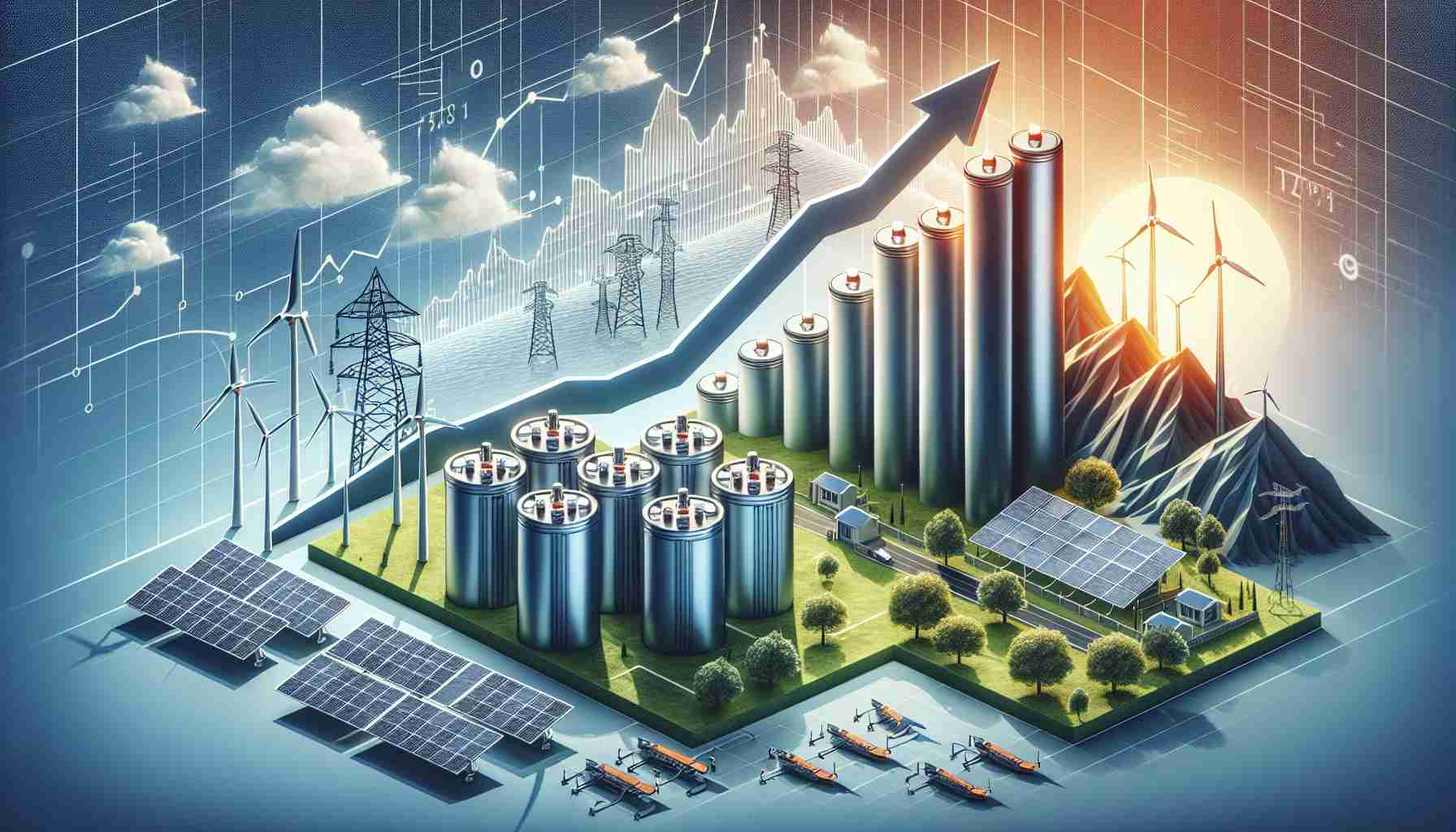 An illustrative scene depicting significant advancements in the Energy Storage Market within the United States, signifying growth in renewable energy. The scene should highlight different aspects such as, Large battery packs, power grids, solar panels, and wind turbines, all working harmoniously. Label these components and overlay a rising graph to symbolize growth. The style should be photo-realistic and handle High-Definition quality.