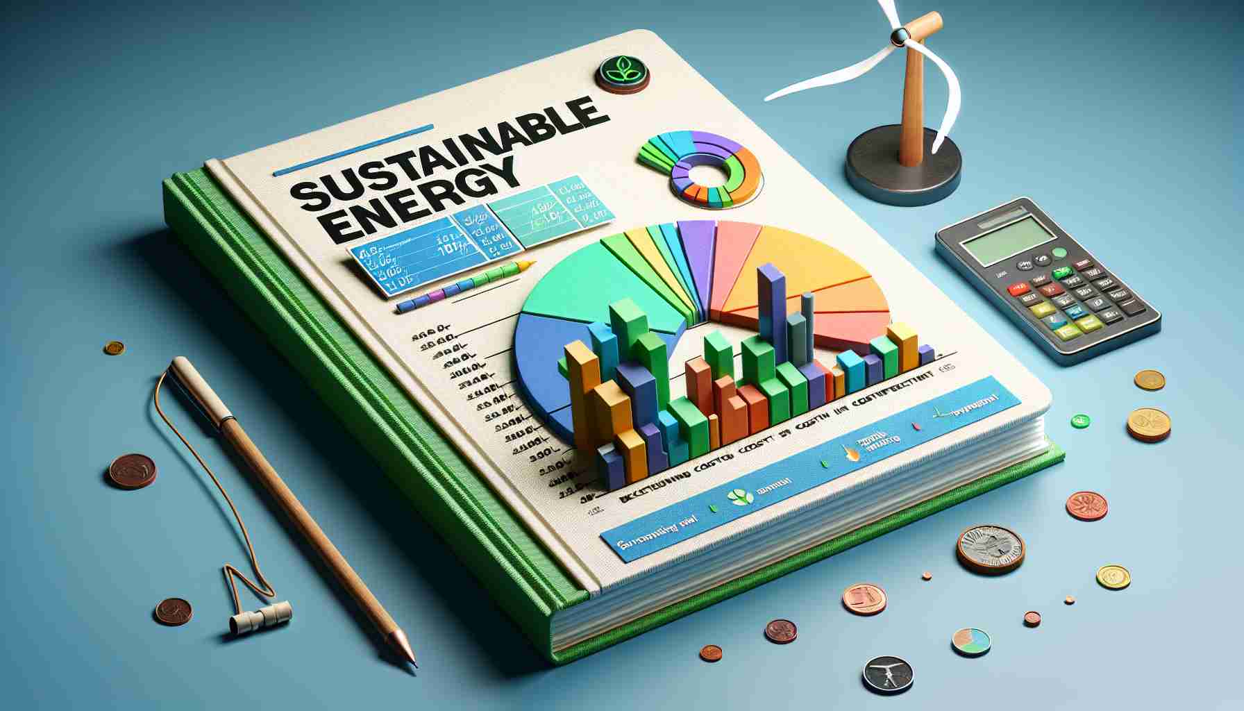 Generate a realistic HD image depicting a 'Sustainable Energy Report'. The report should have compelling visualizations such as colourful bar graphs and pie charts that express positive trends in cost-effectiveness. To portray the exciting cost trends, show some parts of the report with decreasing costs and other parts experiencing growth in sustainable technologies, all suggesting a promising future for sustainable energy. Perhaps add a green energy icon, like a wind turbine or a solar panel on the cover to increase the visual appeal. The photo should inspire hope, progression, and an eco-friendly future.