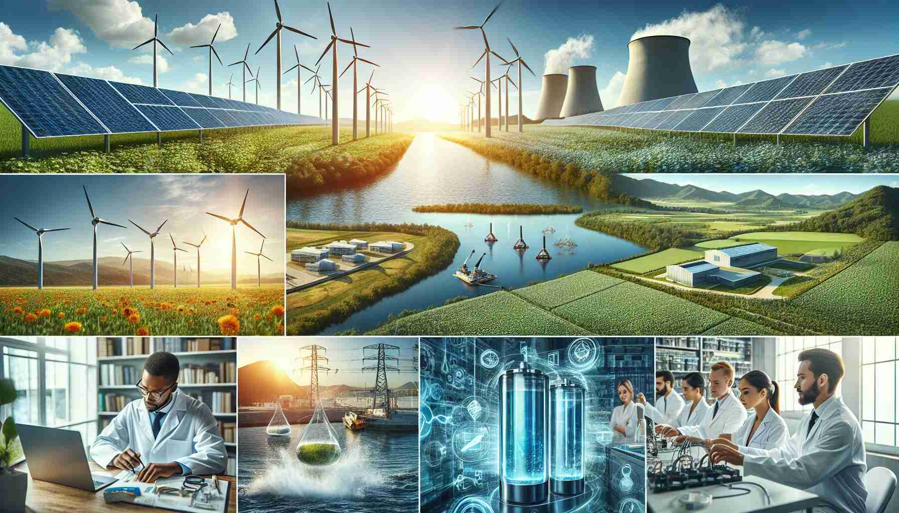 A high definition, realistic image of various methods of renewable energy being utilized, shaping the future of sustainable living. Picture a bright, clear day with solar panels capturing the sunlight, wind turbines spinning in a gentle breeze over a lush green field, and a hydroelectric power plant near a serene river. We can also see scientists of different genders and descents such as Caucasian, Hispanic, and Black, working on advanced battery technologies in a lab. Their efforts depict the human commitment to a greener future.