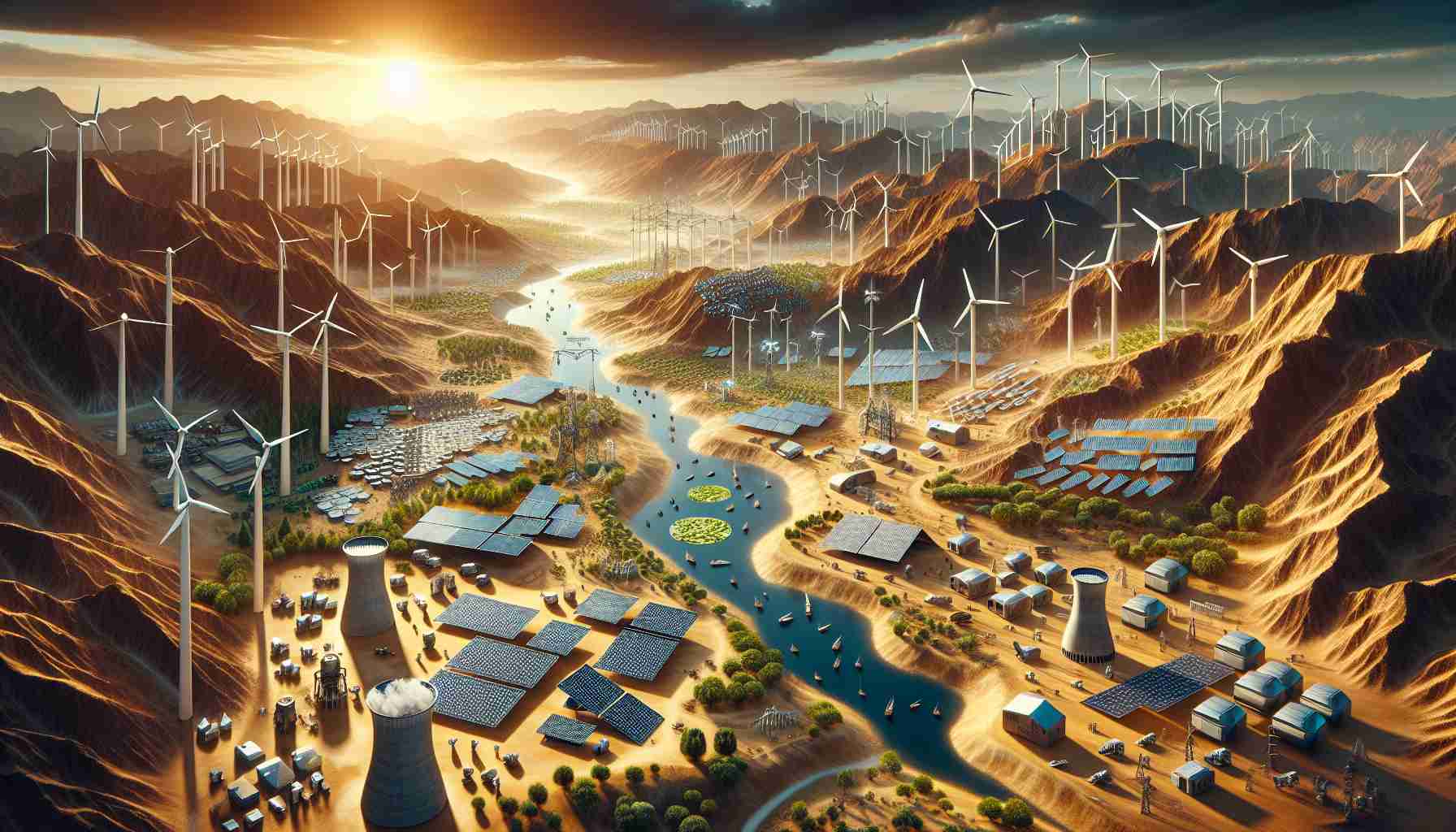 High-definition image that portrays the future advancements in global renewable energy technologies in the year 2024. The scene should depict a variety of these innovative technologies including, but not limited to, solar panels, wind turbines, and hydroelectric dams, scattered across diverse landscapes from deserts to countrysides. Ideally, each technology should be illustrated as being used by communities around the world. These communities may vary in terms of race, ethnicity, and gender, representing the global adoption and equitable distribution of these technologies.