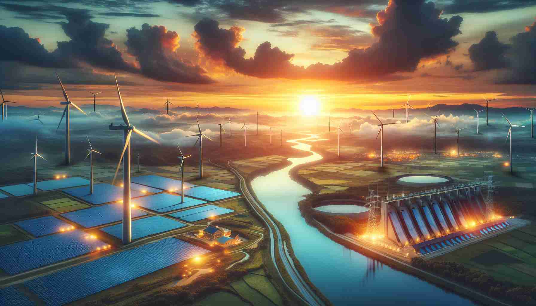 Captivating, high-definition image showcasing the metaphorical rise of clean energy. Illuminate an early dawn breaking over a landscape comprising of various elements that represent clean energy.  Let there be vast sunlit fields with tall, spinning wind turbines, and a serene river bed with a hydroelectric dam harnessing its force. Include a cluster of sleek solar panels reflecting the first rays of the dawn, and perhaps a village powered by geothermal energy in the distance. The sky should be tinged with hues of a fresh dawn, symbolizing a hopeful, sustainable future.