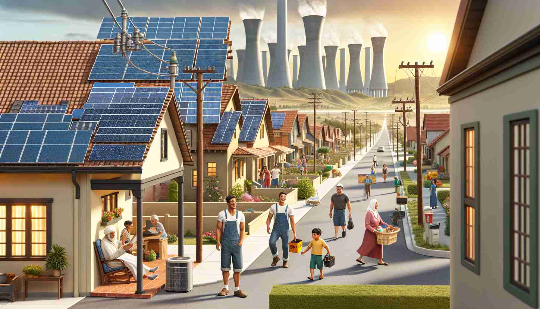 Realistic, high-definition image showcasing the incorporation of solar power in a small village named Castillo. Include visuals like rooftop solar panels on houses, a solar power plant nearby, villagers going about their daily chores in the backdrop of solar towers, solar powered street lights, and a sunny sky indicating the source of the solar power. Make sure to represent villagers diversely, including Caucasian man working on a roof installation, a Middle Eastern woman walking home with groceries, a Hispanic child playing in the street, and a South Asian elderly sitting on a porch.