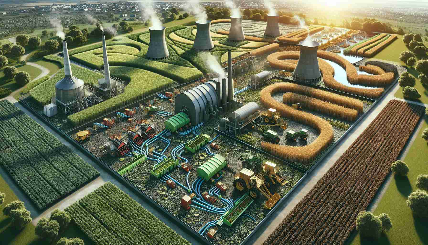 A detailed and high-definition depiction of a contemporary farming scene, embodying the concept of Revolutionizing Agricultural Waste: A New Approach to Sustainable Energy and Fertilization. Envision an expansive farm landscape, where cutting-edge technology like threshers are being used to handle farm waste. The waste is then converted into two distinctive paths represented symbolically in the image: one path showing the transformation into sustainable bioenergy, illustrated by eco-friendly power generators, and the other showcasing the conversion into organic fertilizers, illustrated by lush, thriving crops. The entire process should display an eco-conscious effort to harness and repurpose agricultural waste.