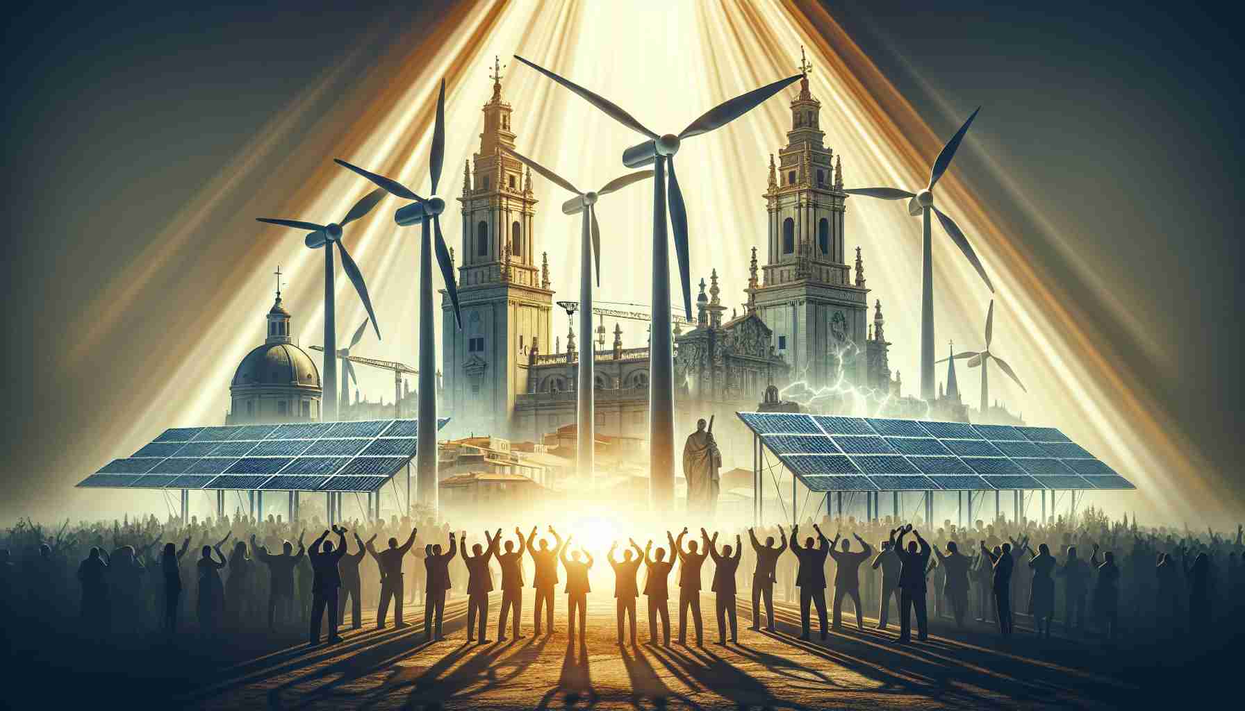 A highly detailed and realistic photograph-style illustration of a symbolic representation for positive outcomes in renewable energy disputes in Spain. The image could perhaps include Spanish landmarks overshadowed by powerful wind turbines and eloquent solar panels, beams of bright light illustrating the progression and positive outcomes, and a background of satisfied silhouettes applauding these changes. The atmosphere should radiate with hope and optimism, implying a triumph for government initiatives.