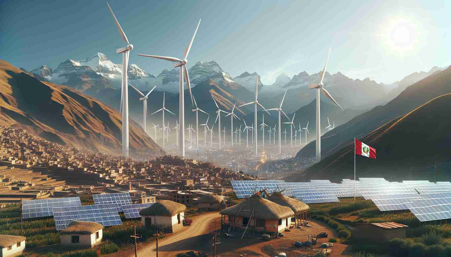 View a high-definition, realistic image showcasing the changing energy landscape in Peru. Visualize an array of modern wind turbines standing tall against the backdrop of the scenic Andes mountains. Solar panels glisten under the bright sunlight, erected near traditional homes of local inhabitants. A busy cityscape is visible in a corner showcasing energy-efficient buildings. The Peruvian flag waves high symbolizing the country's progressive steps towards renewable energy adoption.