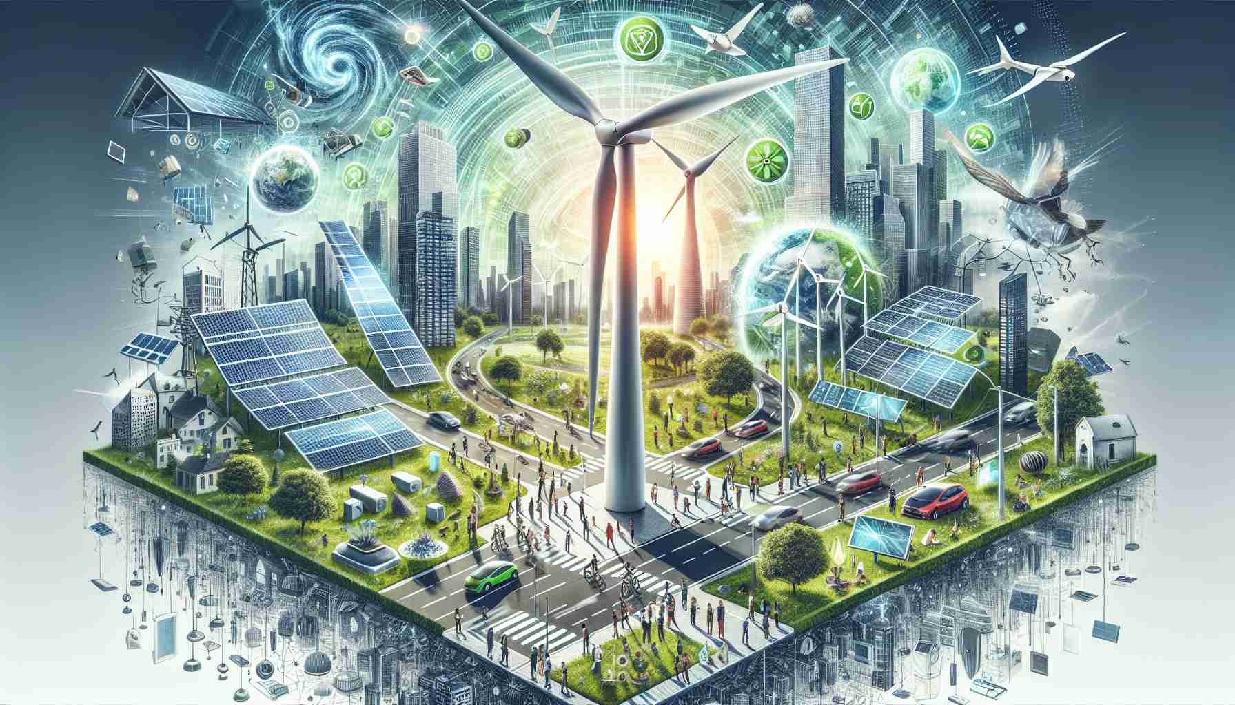 Create a high-definition and realistic image portraying the revolution of green energy. Illustrate a new era of sustainable innovation with components and elements such as wind turbines, solar panels, a futuristic cityscape powered by renewable energy, electric cars on the streets, and people of various descents actively participating in this transformation. Notably, there is a gigantic futuristic wind turbine in the middle of the scene, around which other eco-friendly innovations thrive.