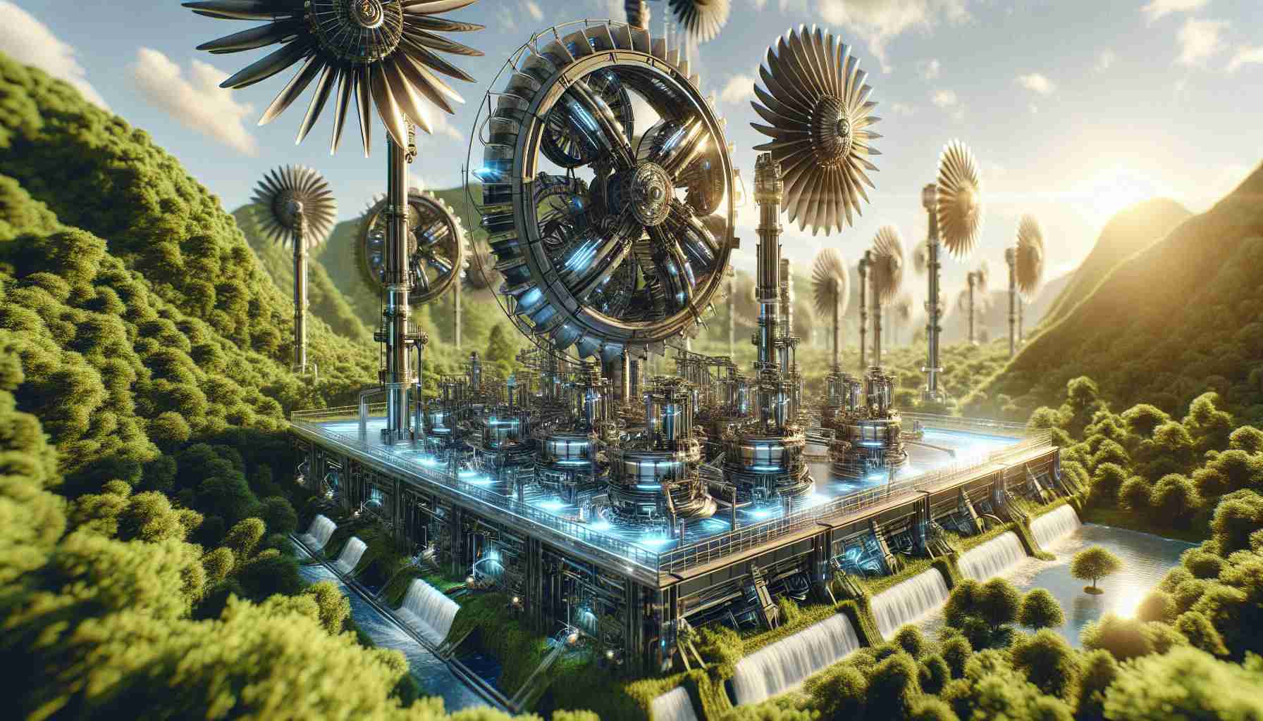 A high-definition, realistic image depicting an innovative approach to renewable energy production. The scene shows intricate machinery designed for harnessing renewable resources such as the sun, wind, and water. The setting is lush with greenery, symbolizing the harmony of technological advancements with nature. The machinery is futuristic, sleek, and well-designed, demonstrating the potential brilliance of modern engineering.