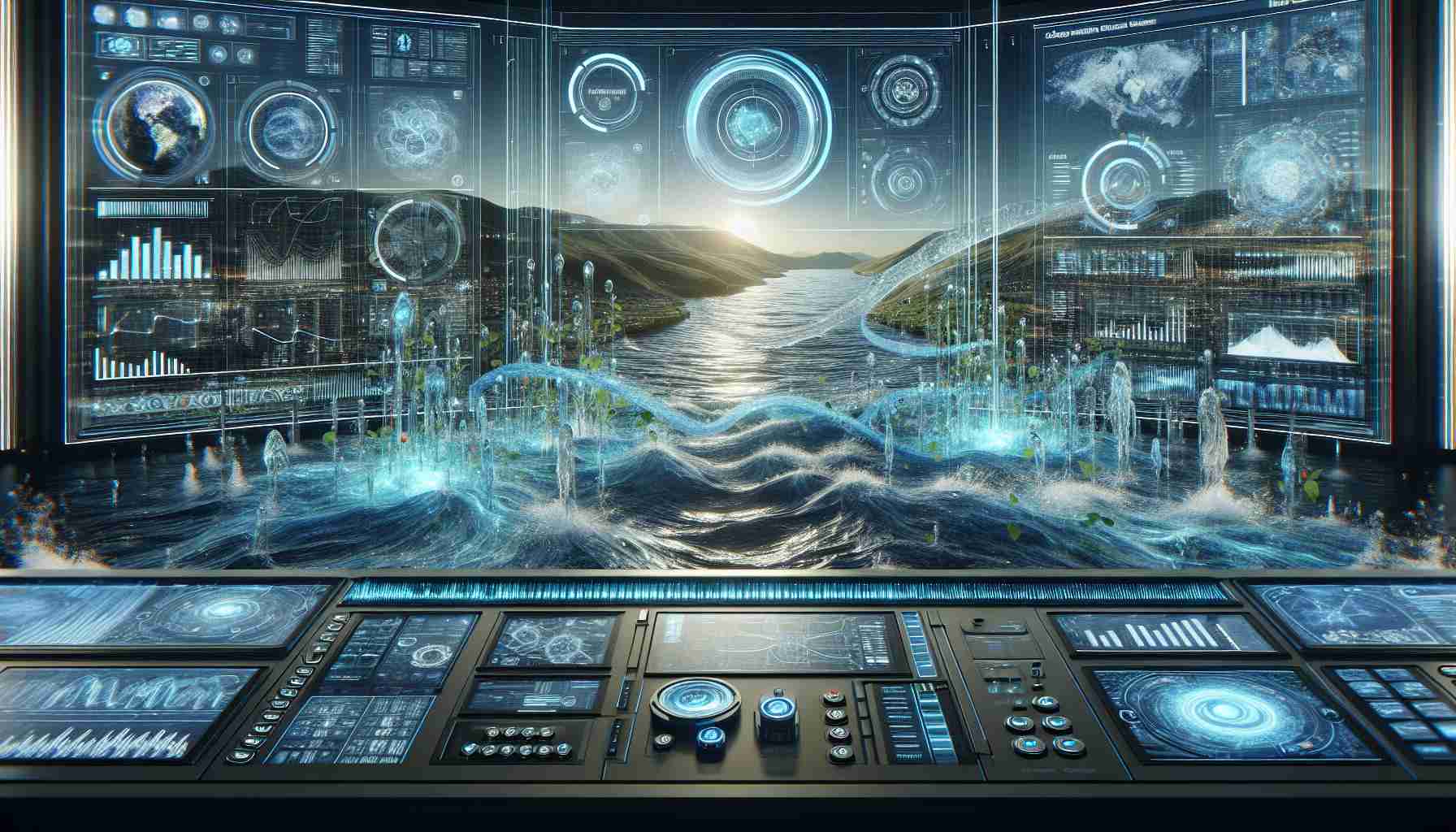 Generate an ultra-high-definition image that embodies the concept of 'Aquavision: Innovating Water Management Beyond Boundaries'. It might show a futuristic control panel with interactive screens displaying water flow maps, statistics, and innovative technologies. The scene can also have metaphoric elements such as water currents morphing into digital data streams, representing the symbiosis of technology and nature in water management.