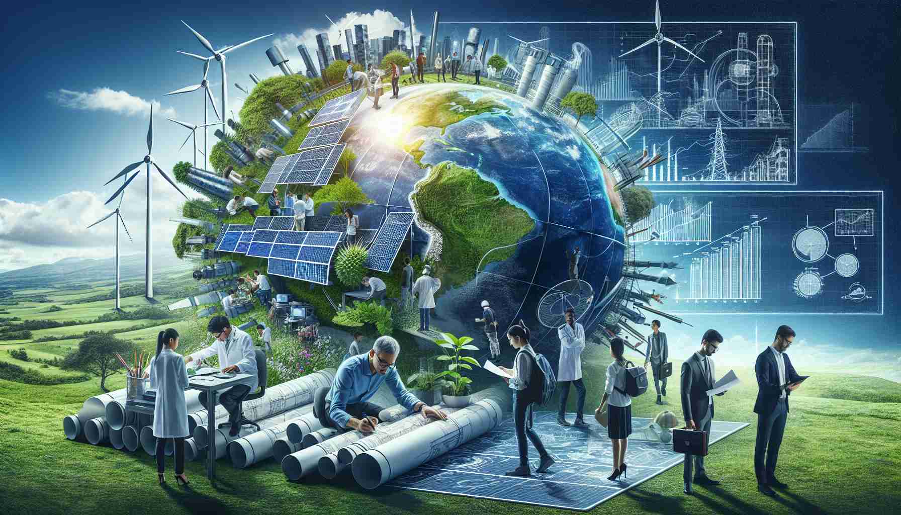 A high-definition, realistic image illustrating the global efforts towards renewable energy transition. This could include diverse people of various descents like Caucasian, Asian, and Hispanic working on solar panels and wind turbines. A globe blueprint with arrows showing the spread of renewable energy technologies from one continent to another. Besides them, we can include engineers studying blueprints for green buildings, or a scientist of Middle-Eastern descent examining biofuels in a lab. The background can depict a thriving, lush green environment, signifying a healthier planet due to these efforts.