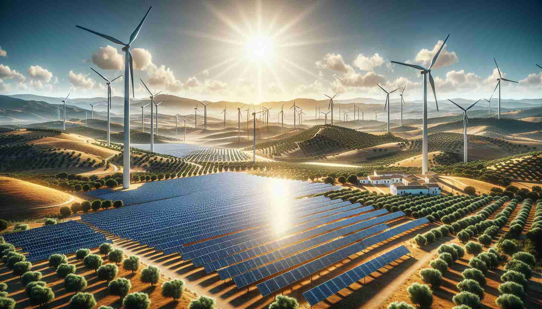 A realistic high-definition image showcasing the transition towards renewable energy in Spain. The scene includes large fields of solar panels, gleaming under the bright sun, surrounded by neatly aligned wind turbines spinning in the wind. These renewable energy sources are spread across the picturesque landscape of Spain. Distant hills with flourishing olive trees and timeless whitewashed villages under a clear blue sky serve as a backdrop. This image represents Spain's commitment to a sustainable and eco-friendly future.