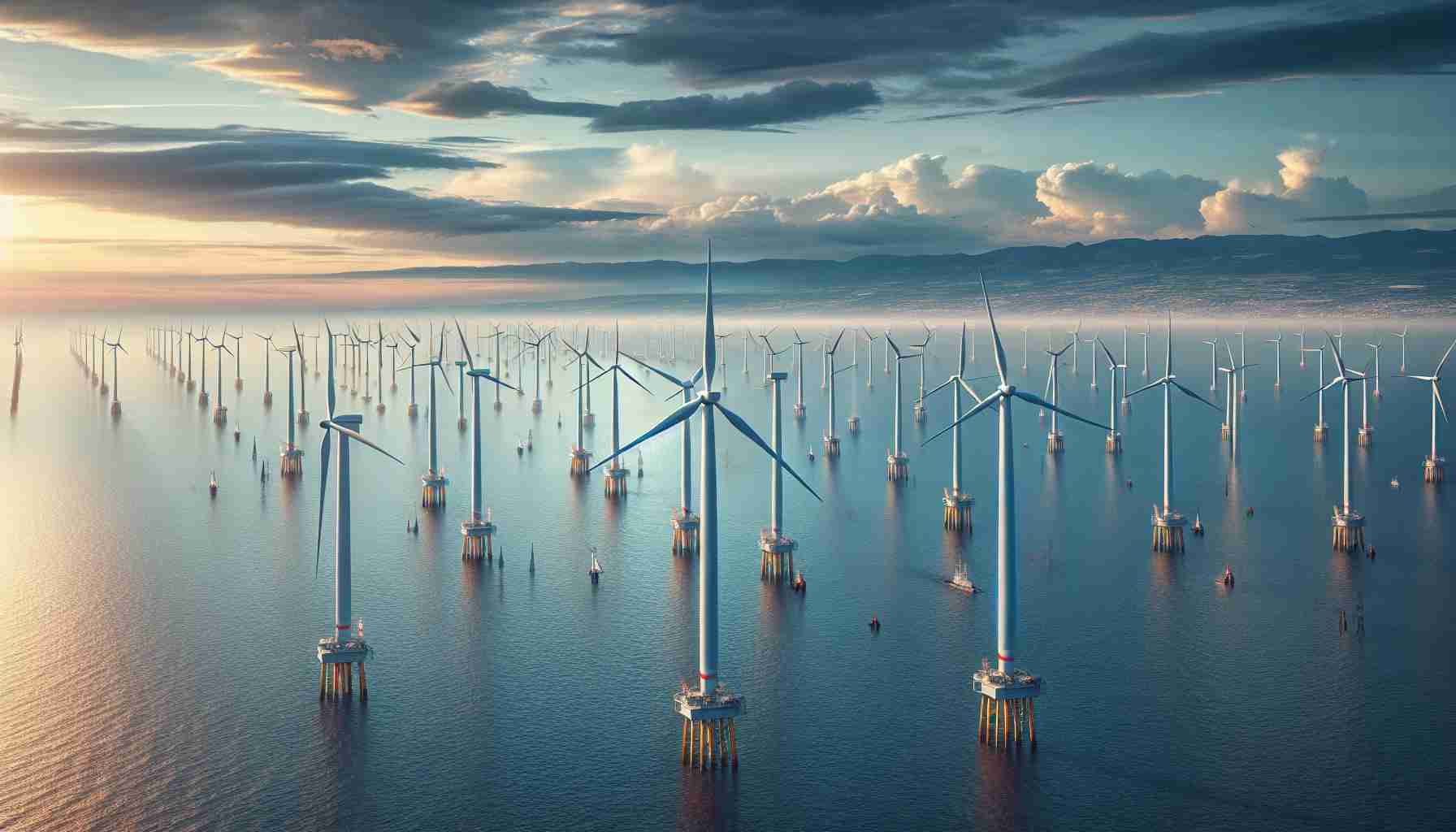 A realistic high-definition image showcasing an extensive expansion of offshore wind energy in France. Picture a vast sea with numerous modern wind turbines erected, capturing the power of the wind. The sky above the sea is a blend of hues indicating different times of the day, and toward the distant horizon, a mainland representing France, with a mix of urban and natural landscapes, stands majestically. This image reiterates the growing emphasis on renewable energy resources.