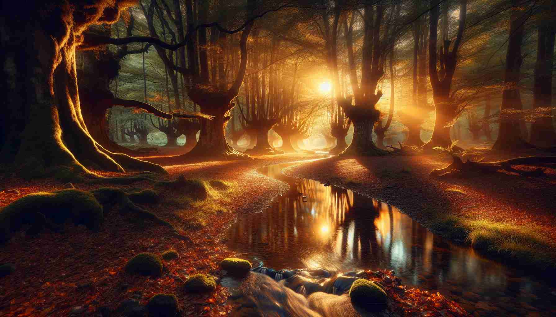 A realistic, high-definition image of a tranquil, untouched forest. It's during sunset, and the sun's dying light filters through ancient trees, painting the scene with a warm orange glow. A clear, bubbling brook winds its way through the forest floor, reflecting the light in a beautiful manner and adding to the serenity. Fallen leaves of various shades of gold and brown cover the ground, and birds can be seen flying back to their nests.