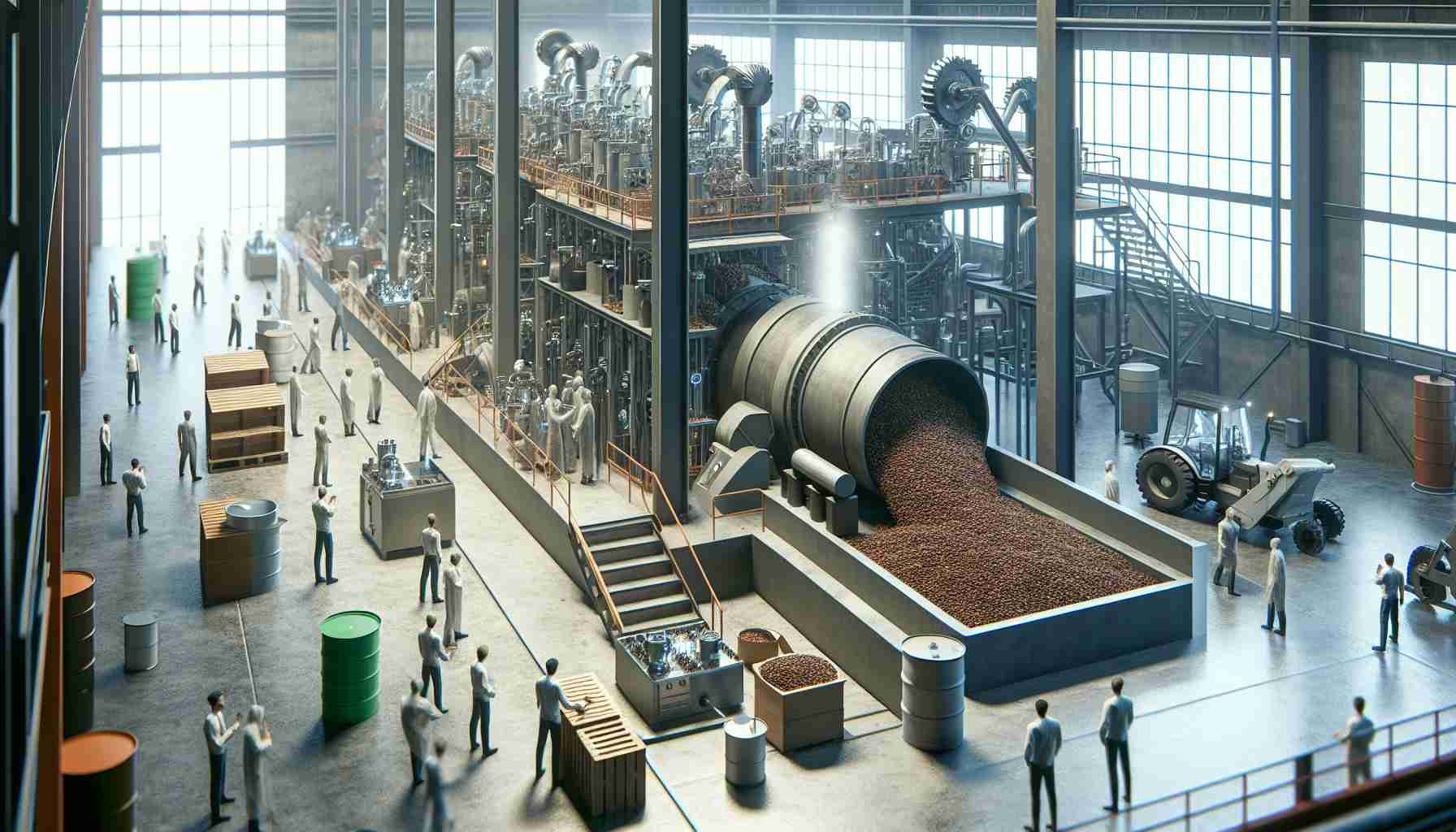 An HD photo showcasing a sustainable innovation in the field of coffee waste management by an imaginary company. Depiction of a mechanized process that transforms coffee waste into a beneficial product. The setting is a modern, well-lit factory with workers of diverse descents and genders operating the machinery. The resulting product, possibly a type of fertilizer or biofuel, is present in the image. The company logo is visible, suggesting environment-friendly practices.