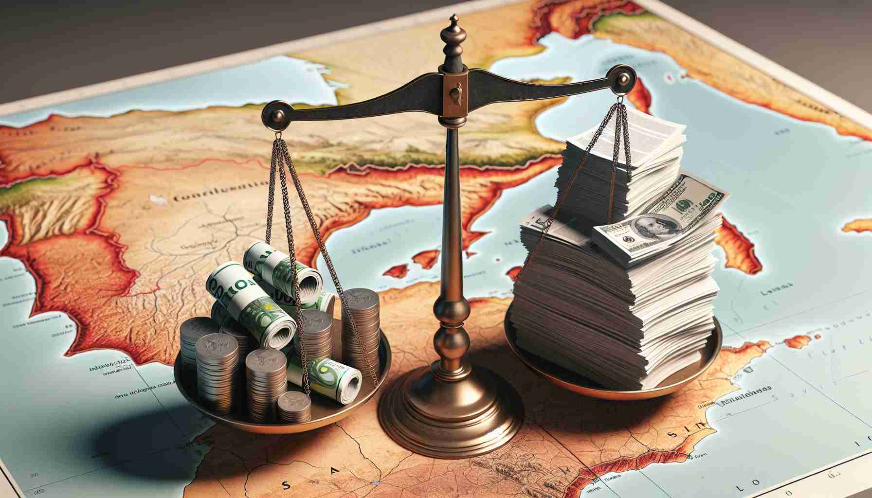 A highly detailed, realistic depiction of a symbolic scale balancing a pile of money, representing cuts to renewable energy premiums, and a stack of legal documents, indicating the incoming challenges, with the backdrop of an illustration of Spain's map.